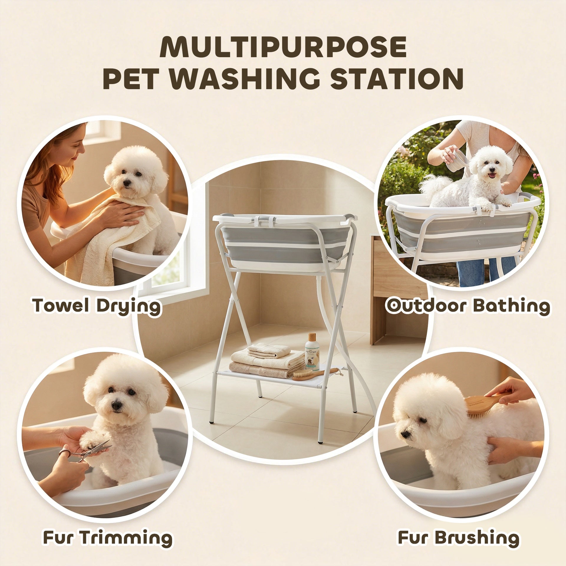 PawHut Dog Bath Tub Dog Washing Station, Elevated Foldable Dog Bathtub with Hose, Storage Shelf, for Small Dogs Puppies Gray