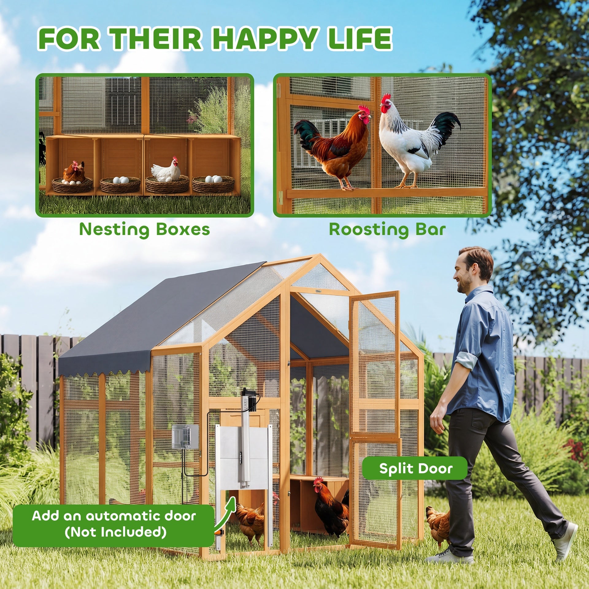PawHut Large Wooden Chicken Run with Waterproof & Anti-UV Cover, for 6-8 Chickens, for Backyard, Farm, Yellow