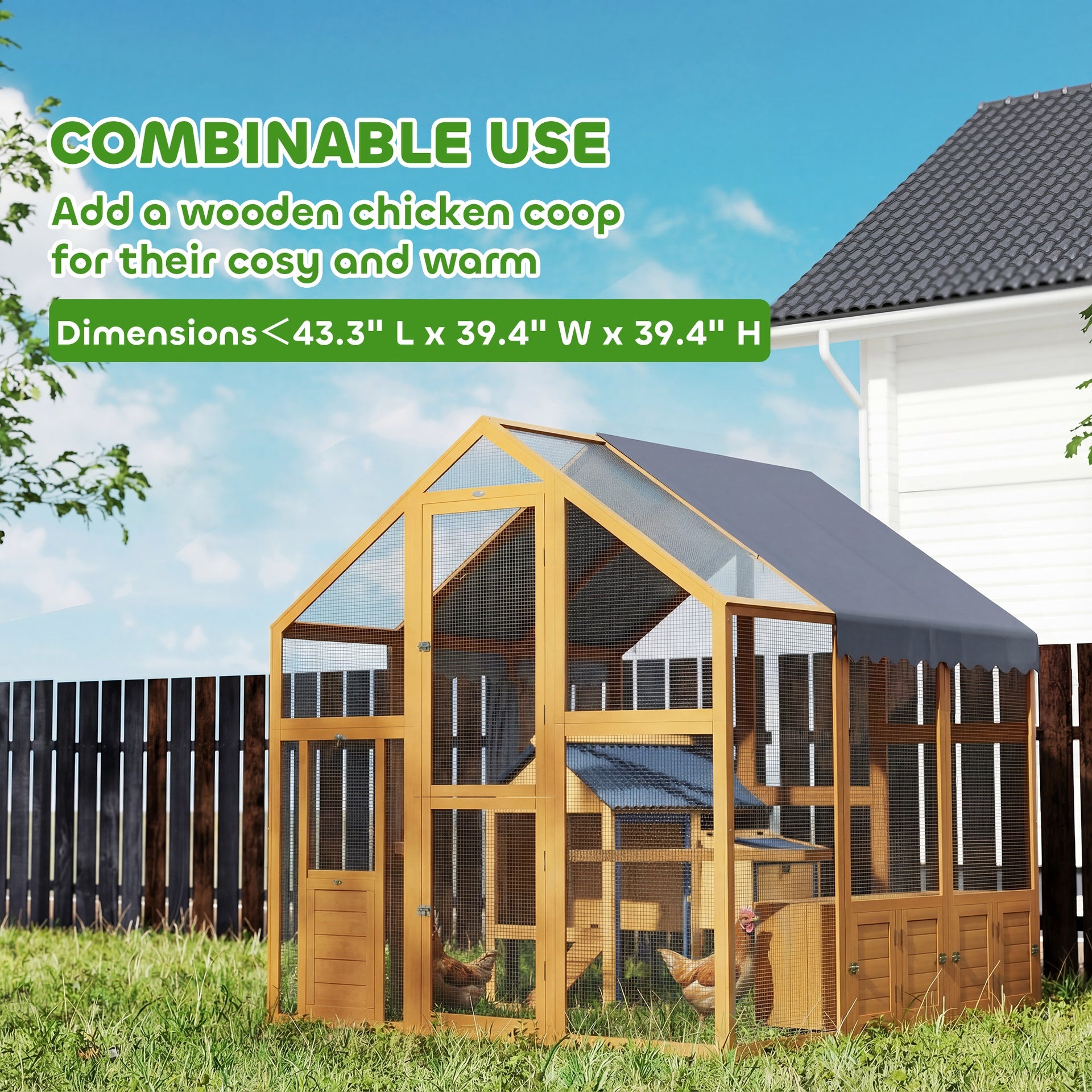 PawHut Large Wooden Chicken Run with Waterproof & Anti-UV Cover, for 6-8 Chickens, for Backyard, Farm, Yellow