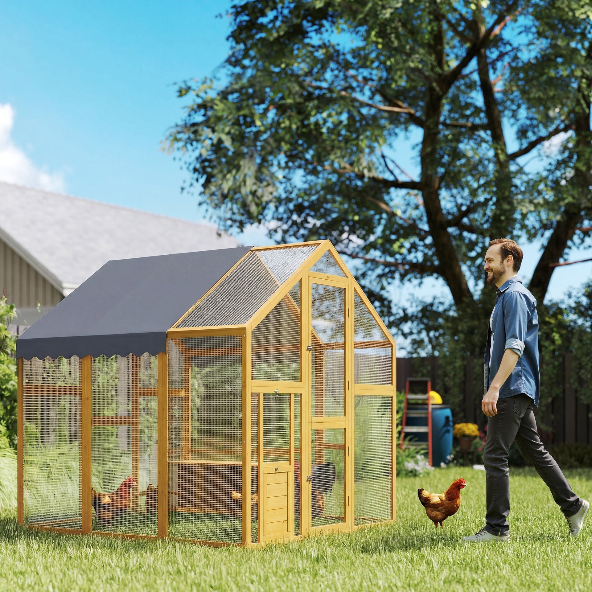 PawHut Large Wooden Chicken Run with Waterproof & Anti-UV Cover, for 6-8 Chickens, for Backyard, Farm, Yellow