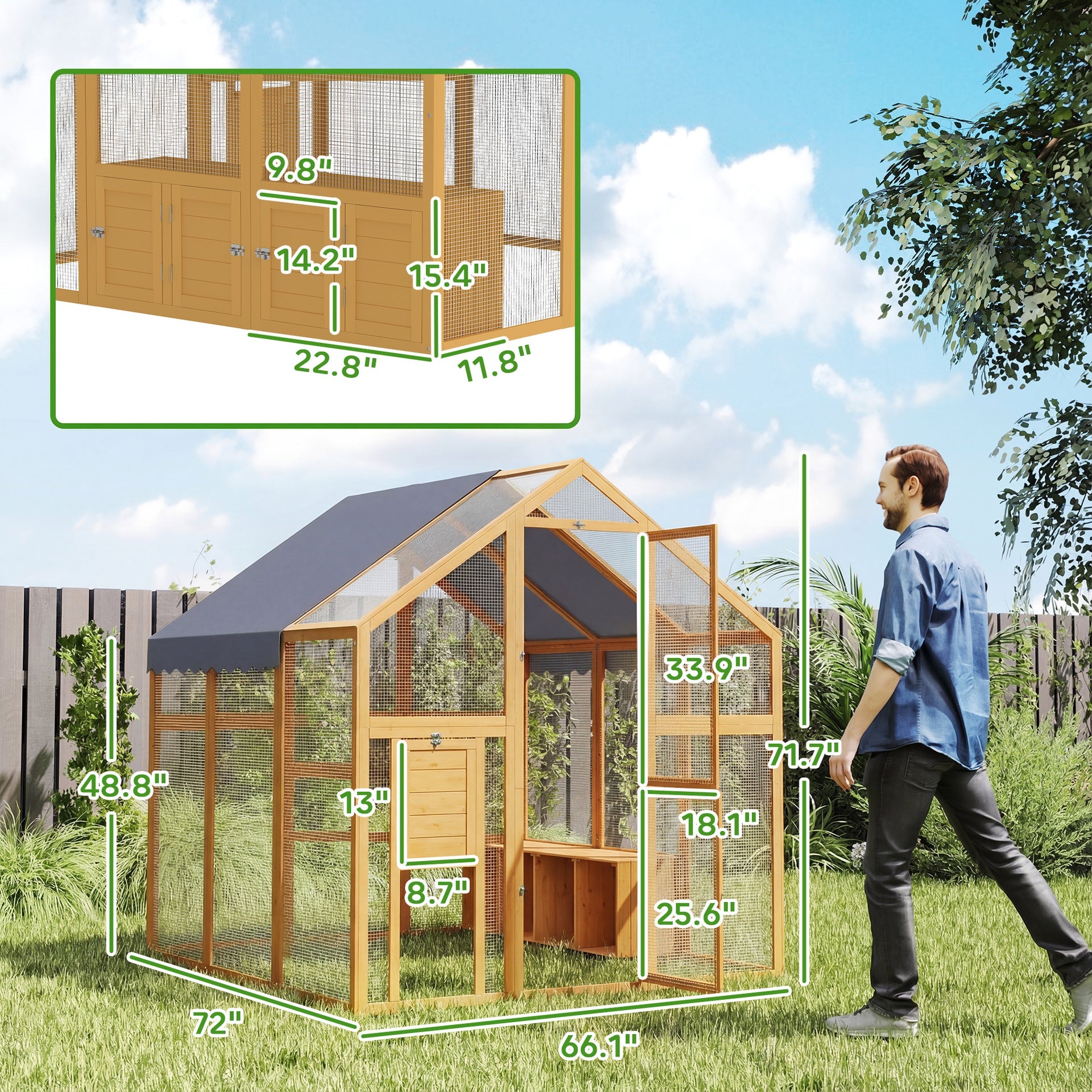 PawHut Large Wooden Chicken Run with Waterproof & Anti-UV Cover, for 6-8 Chickens, for Backyard, Farm, Yellow
