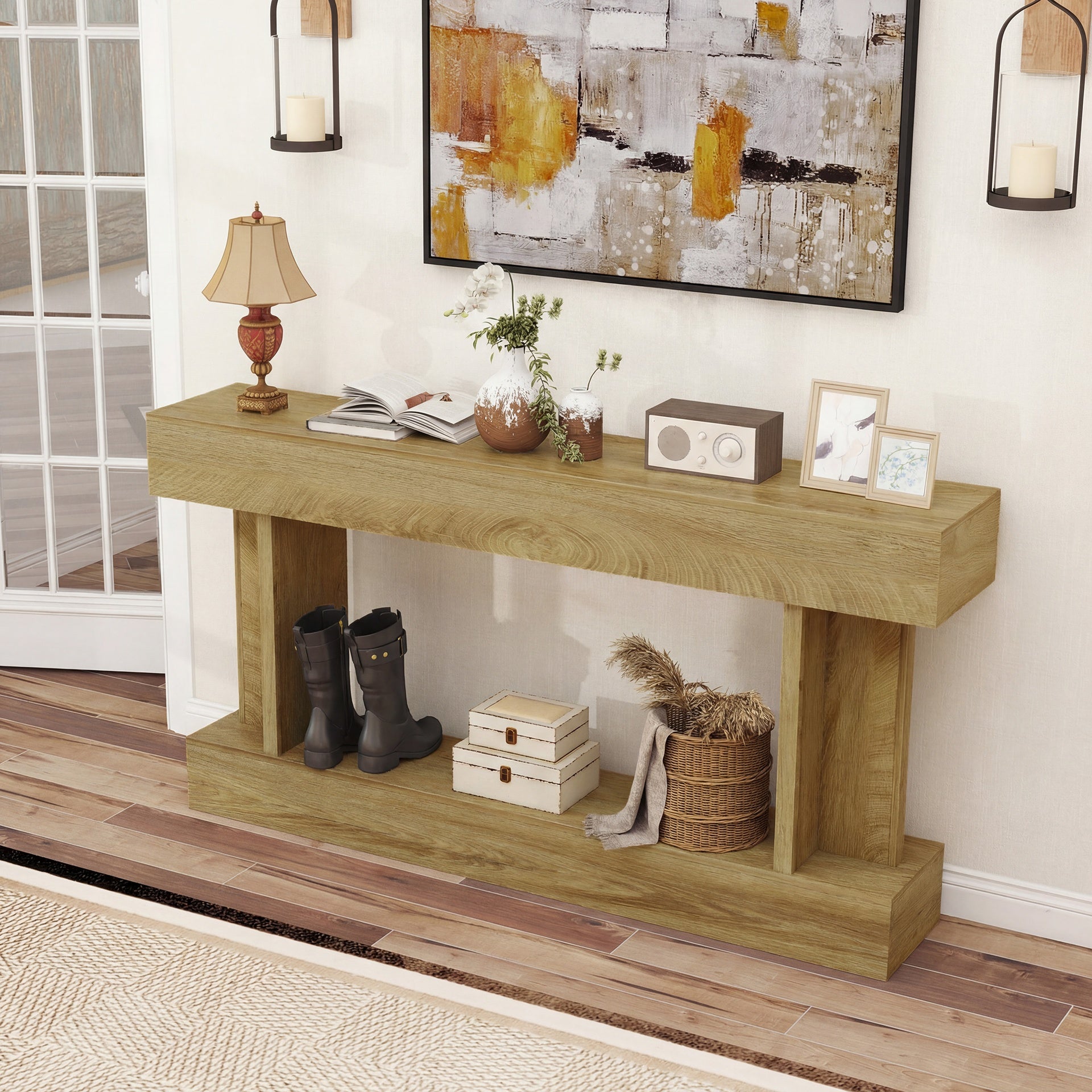 HOMCOM 63 Inch Long Console Table, Vintage Narrow Entryway Table with Storage Shelf for Living Room and Hallway, Oak