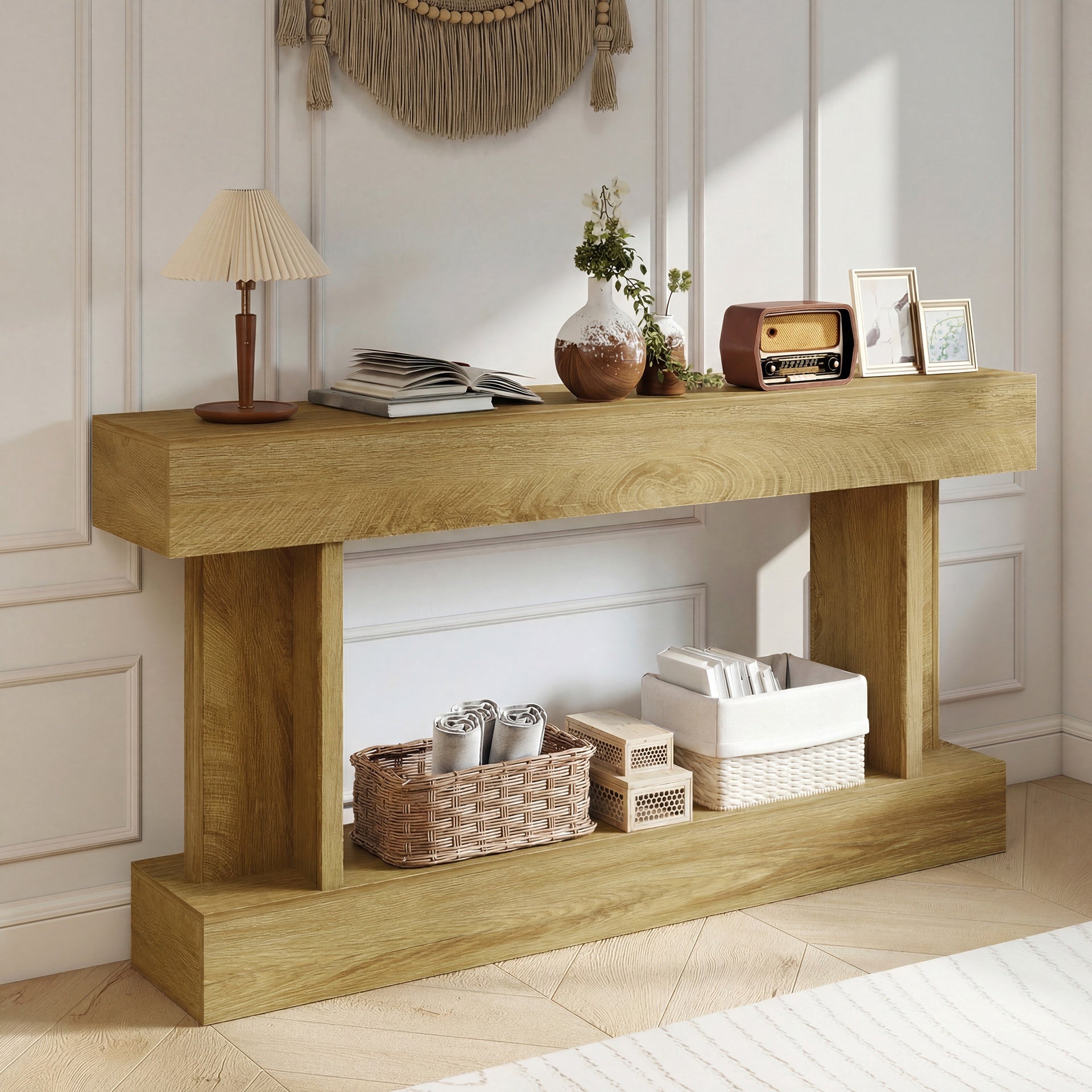 HOMCOM 63 Inch Long Console Table, Vintage Narrow Entryway Table with Storage Shelf for Living Room and Hallway, Oak