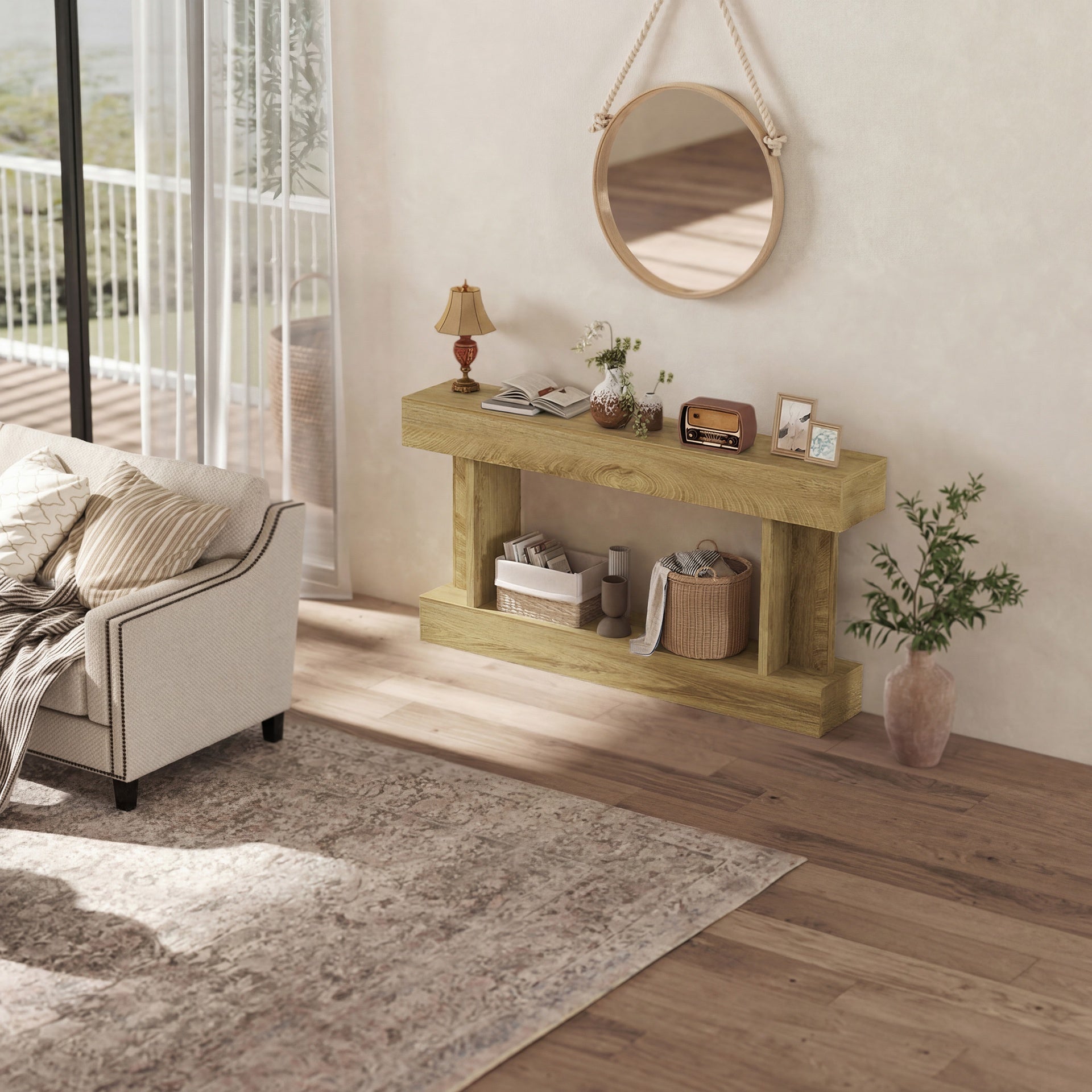 HOMCOM 63 Inch Long Console Table, Vintage Narrow Entryway Table with Storage Shelf for Living Room and Hallway, Oak