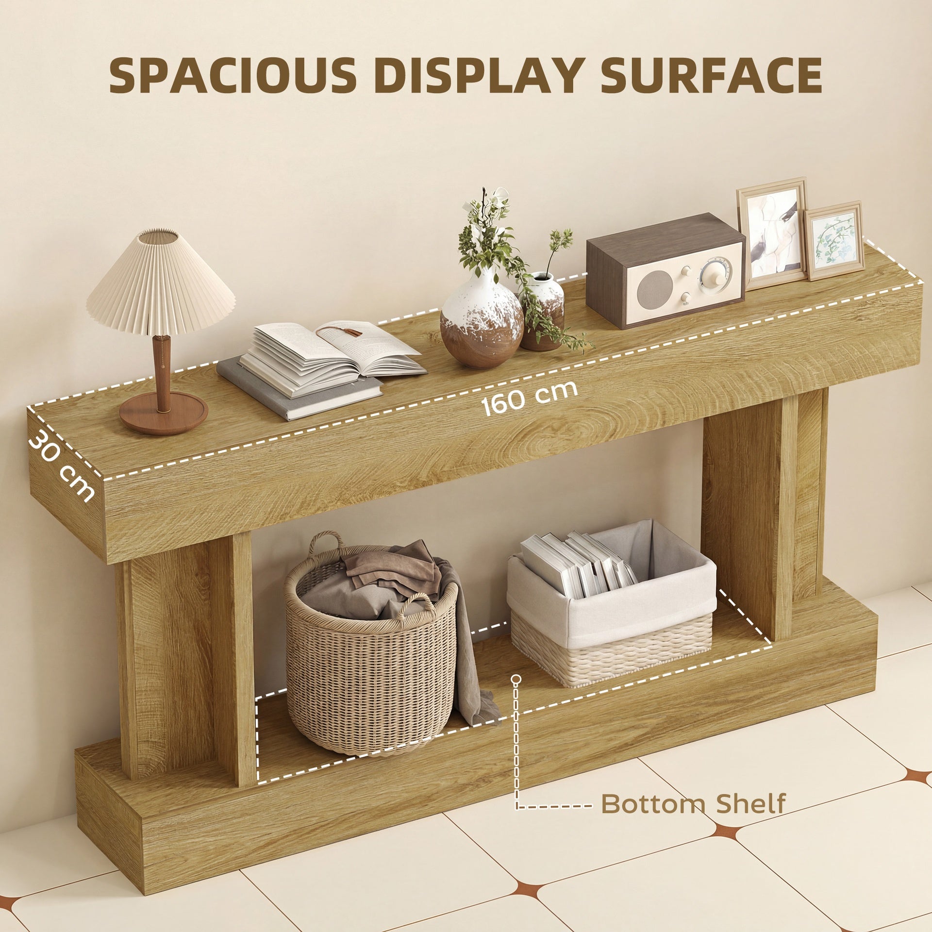 HOMCOM 63 Inch Long Console Table, Vintage Narrow Entryway Table with Storage Shelf for Living Room and Hallway, Oak