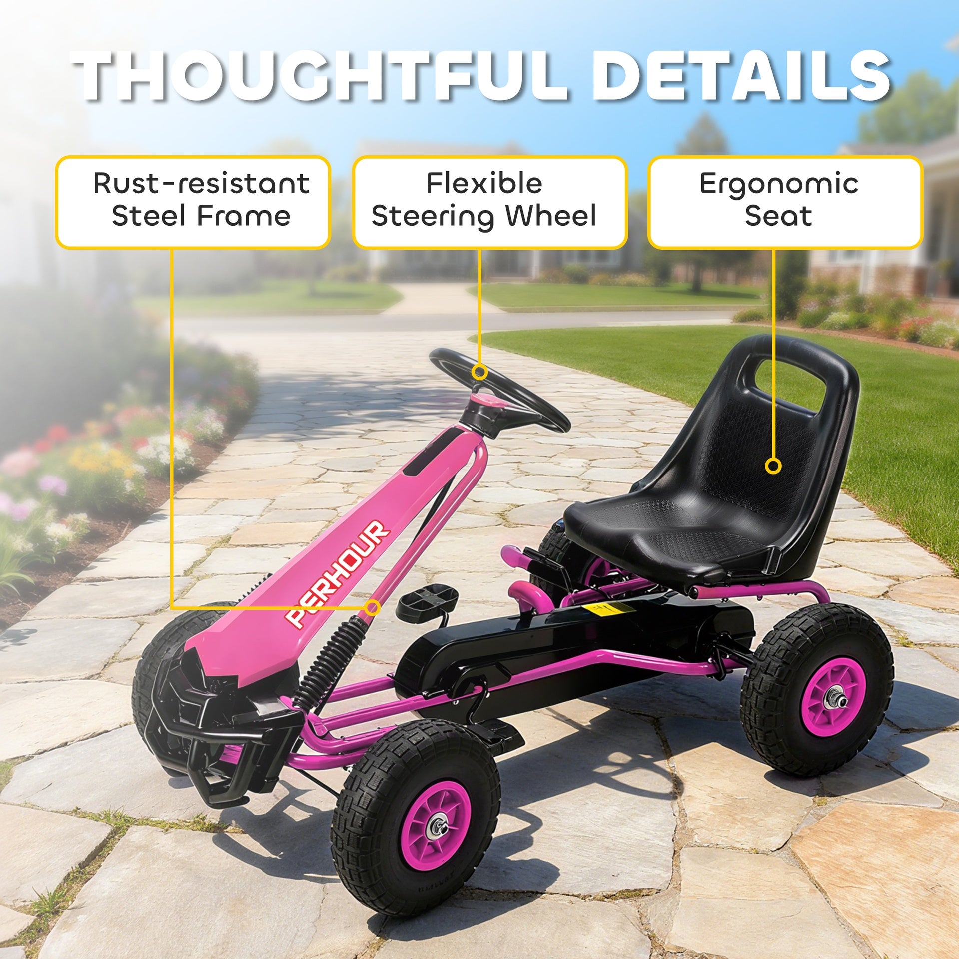 Qaba Kids Go Kart, Pedal Car with Adjustable Seat, EVA Wheels, Brake, for Boys & Girls Aged 3-8 Years Old, Pink