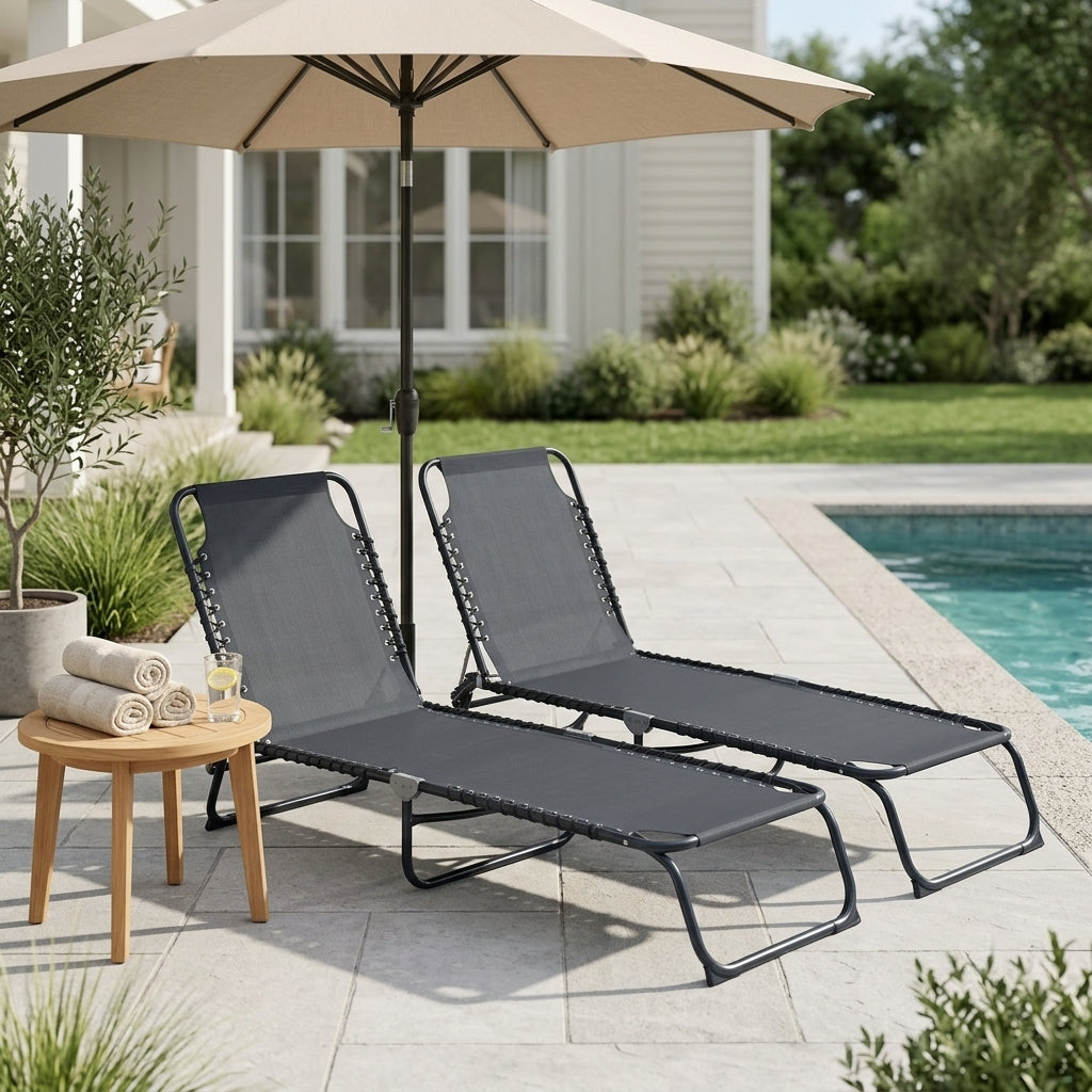Outsunny Set of 2 Folding Chaise Lounge Chairs, Outdoor Sun Tanning Chairs with Reclining Back, Gray