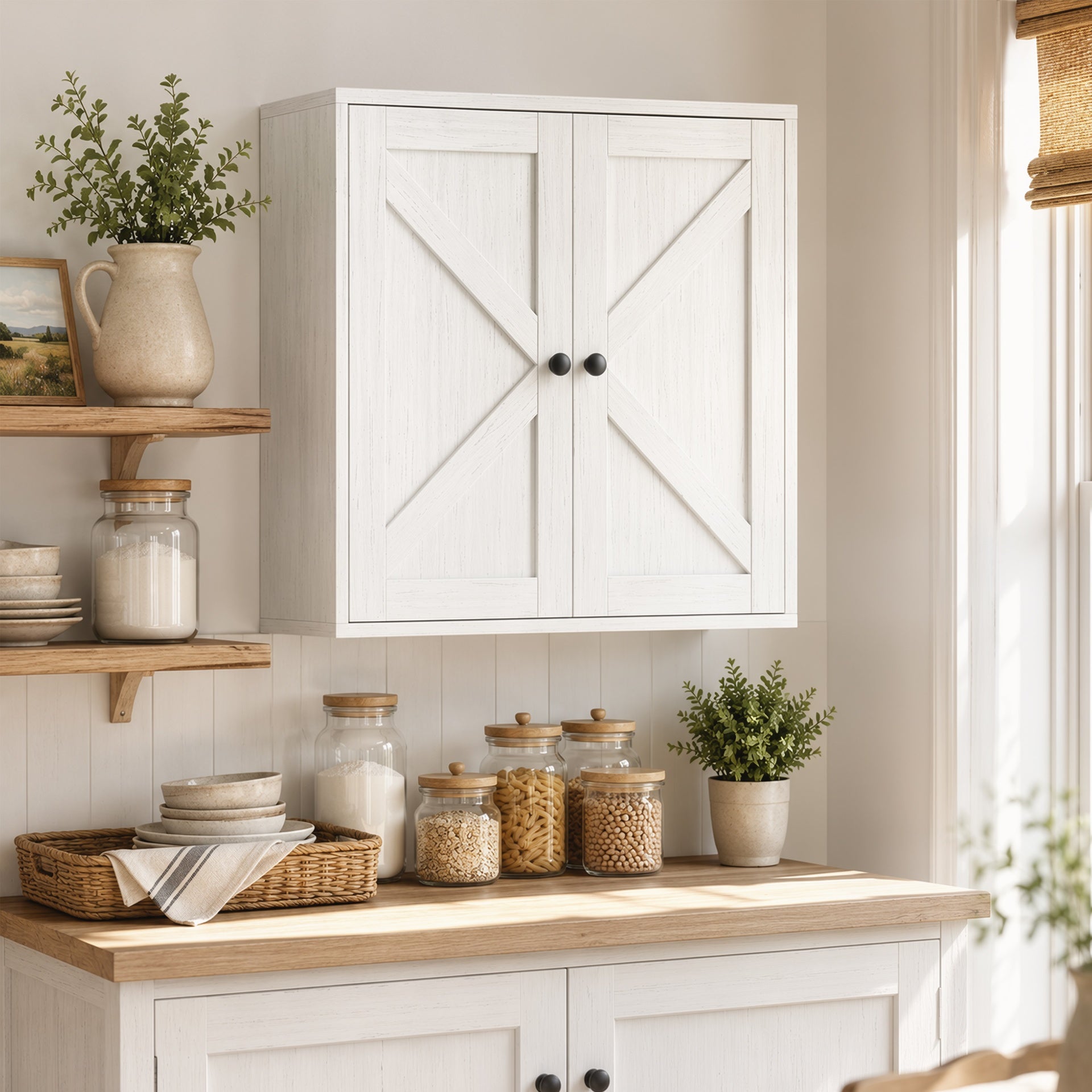 HOMCOM Bathroom Wall Cabinet, Farmhouse Bathroom Cabinet Wall Mount with 2 Shelves, White Wood Grain