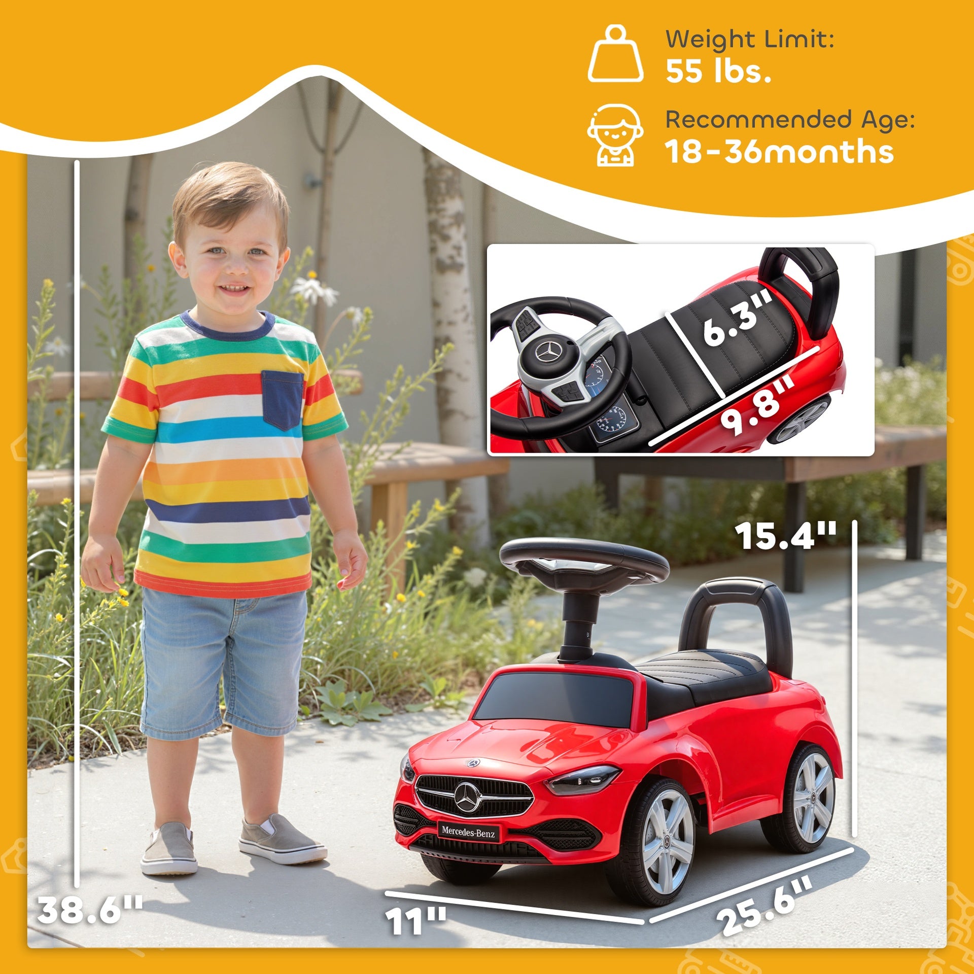 Qaba Mercedes-Benz C-Class Licensed Kids Ride On Car, Foot-to-Floor Toy with Anti-Tip Design, Horn & Start Sound, Red