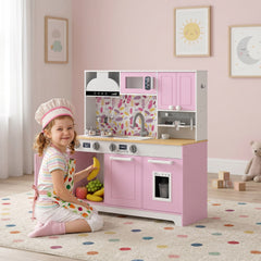 Qaba Play Kitchen, Kids Kitchen Playset with Coffee Maker, Ice Maker, Clicking Knobs, Storage, Accessories for 3-8 Years