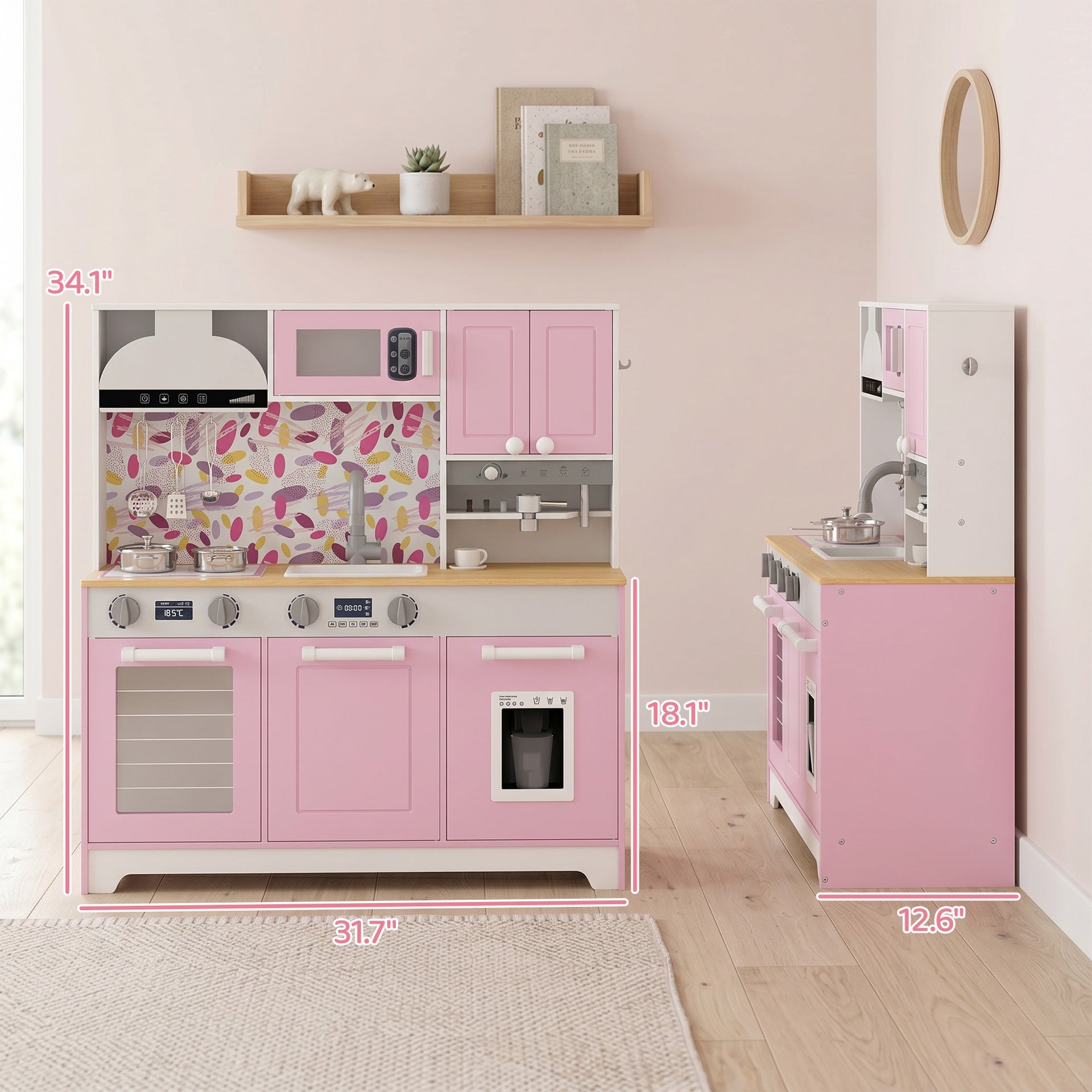Qaba Play Kitchen, Kids Kitchen Playset with Coffee Maker, Ice Maker, Clicking Knobs, Storage, Accessories for 3-8 Years