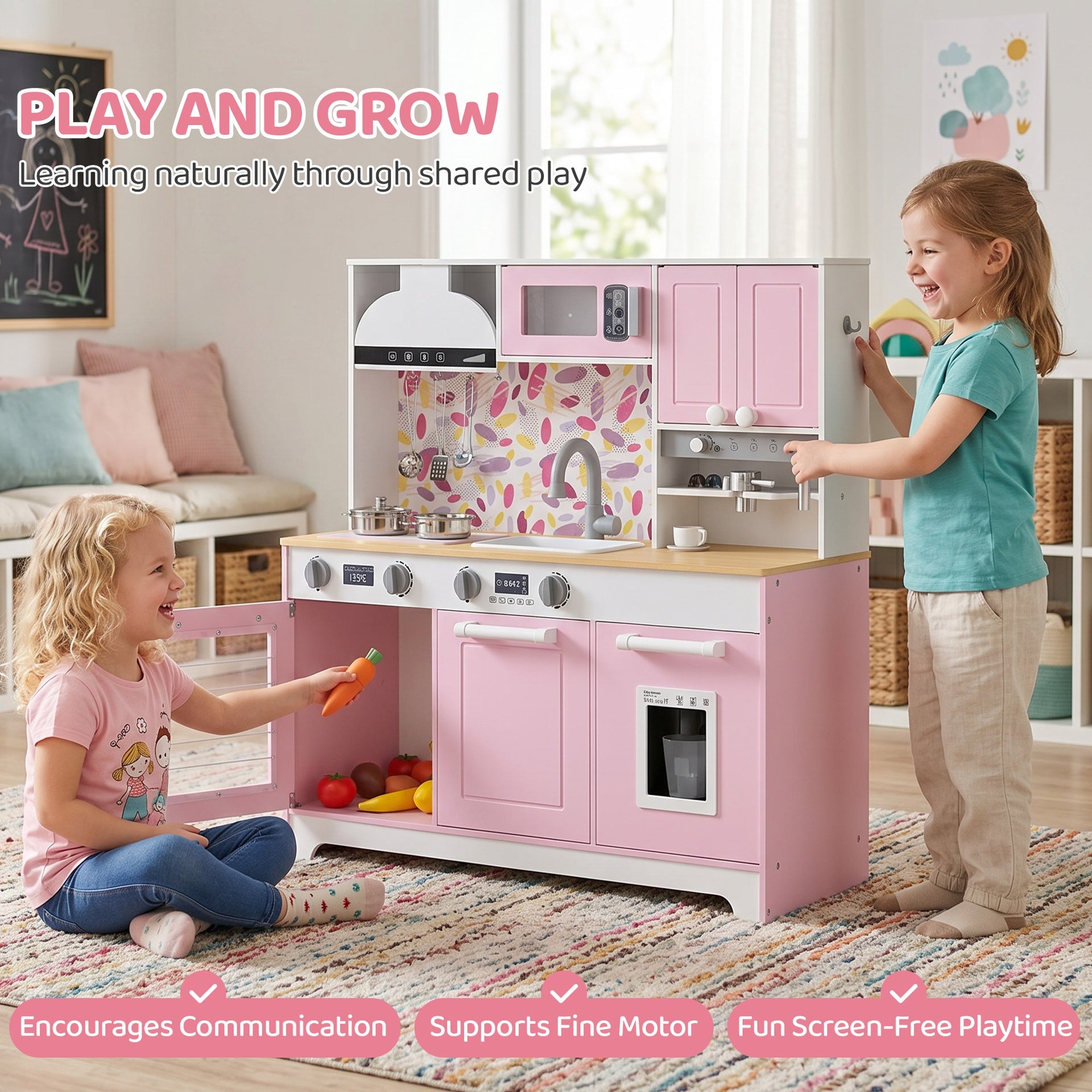Qaba Play Kitchen, Kids Kitchen Playset with Coffee Maker, Ice Maker, Clicking Knobs, Storage, Accessories for 3-8 Years