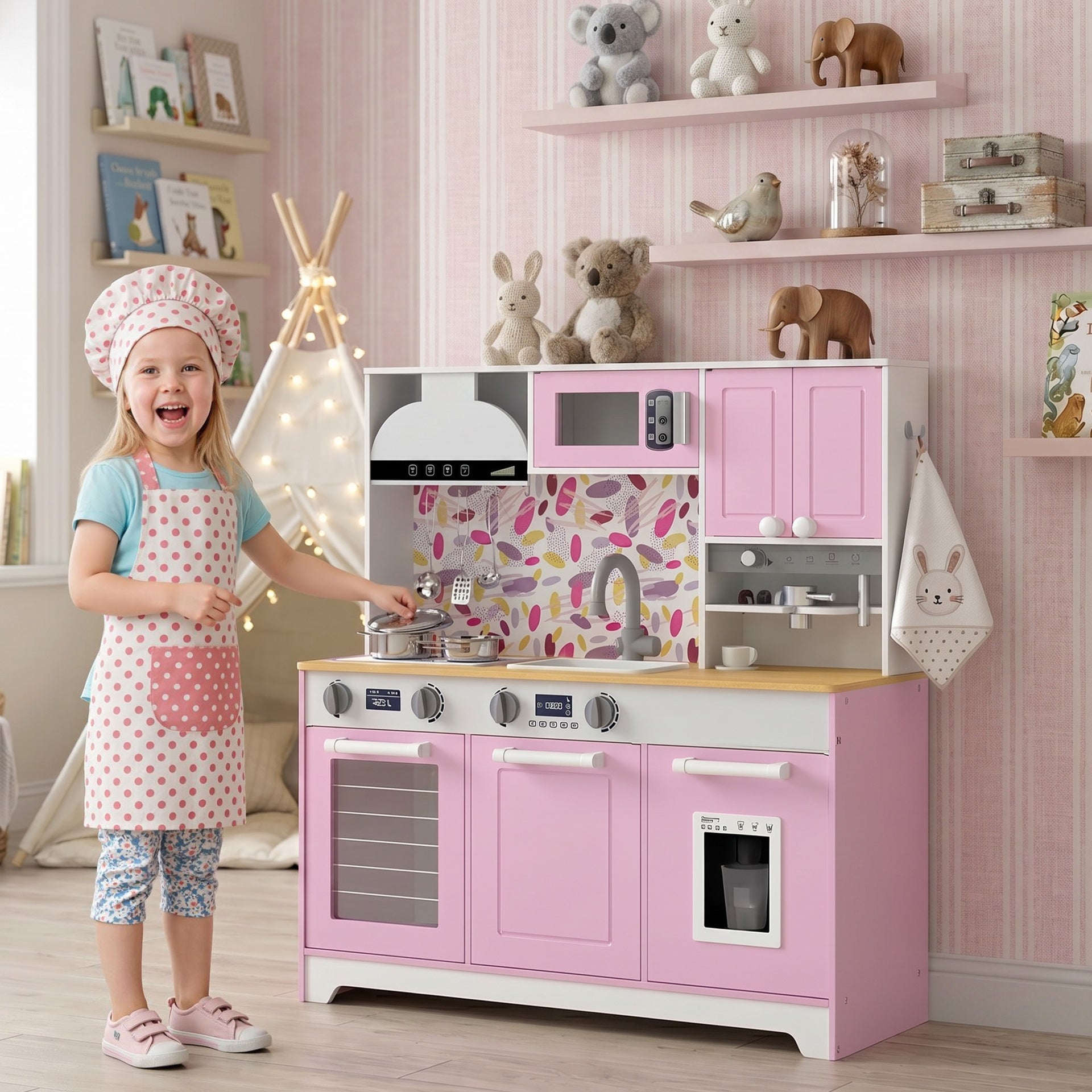 Qaba Play Kitchen, Kids Kitchen Playset with Coffee Maker, Ice Maker, Clicking Knobs, Storage, Accessories for 3-8 Years