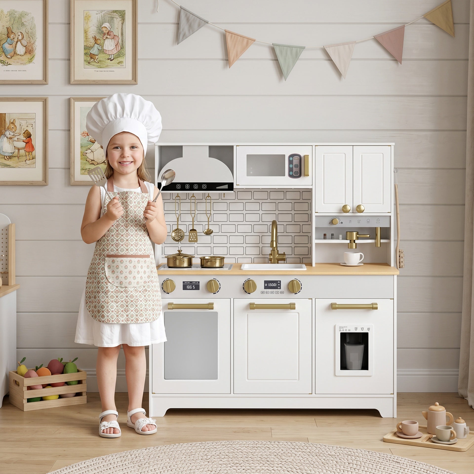 Qaba Play Kitchen, Kids Kitchen Playset with Coffee Maker, Ice Maker, Clicking Knobs, Storage, Accessories for 3-8 Years