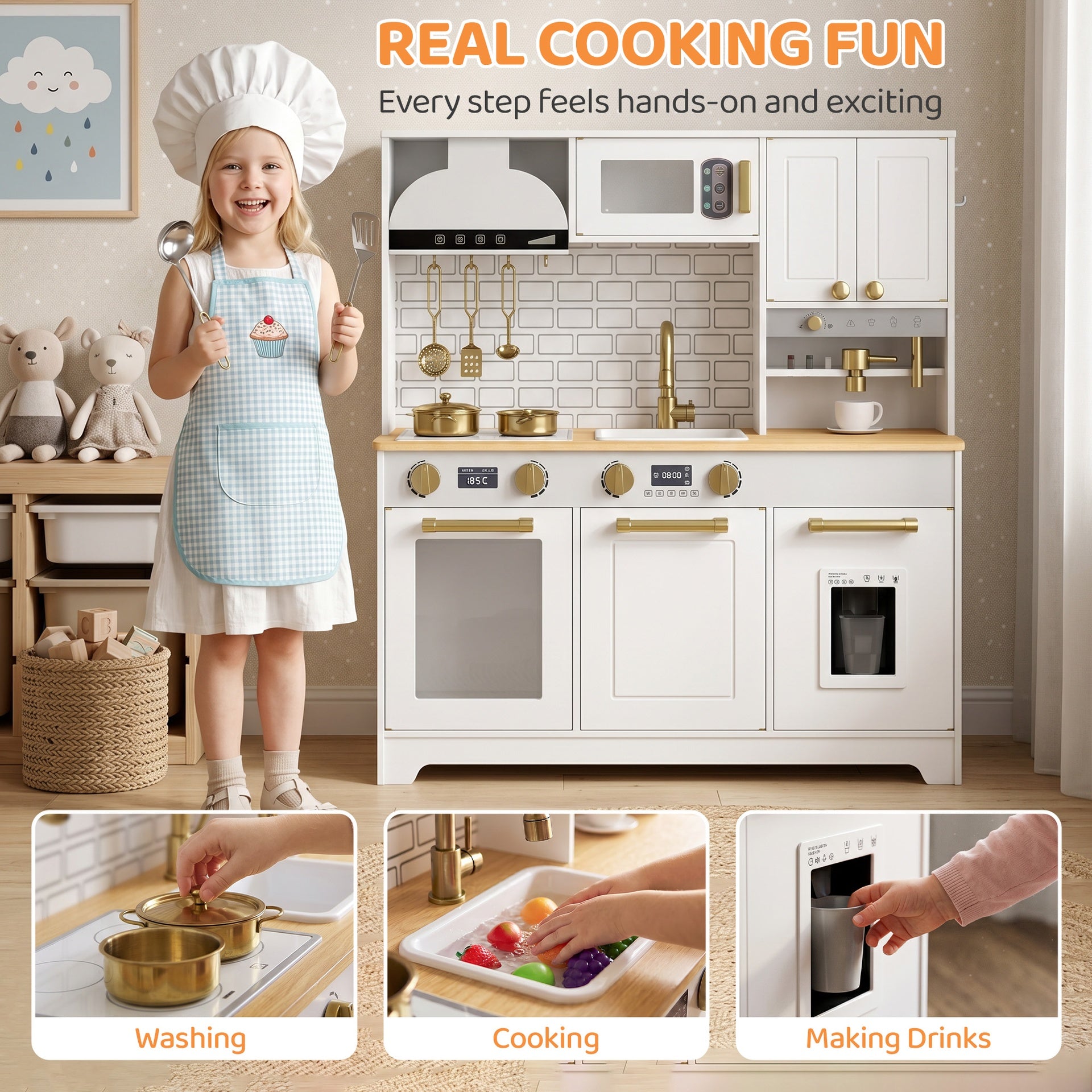 Qaba Play Kitchen, Kids Kitchen Playset with Coffee Maker, Ice Maker, Clicking Knobs, Storage, Accessories for 3-8 Years