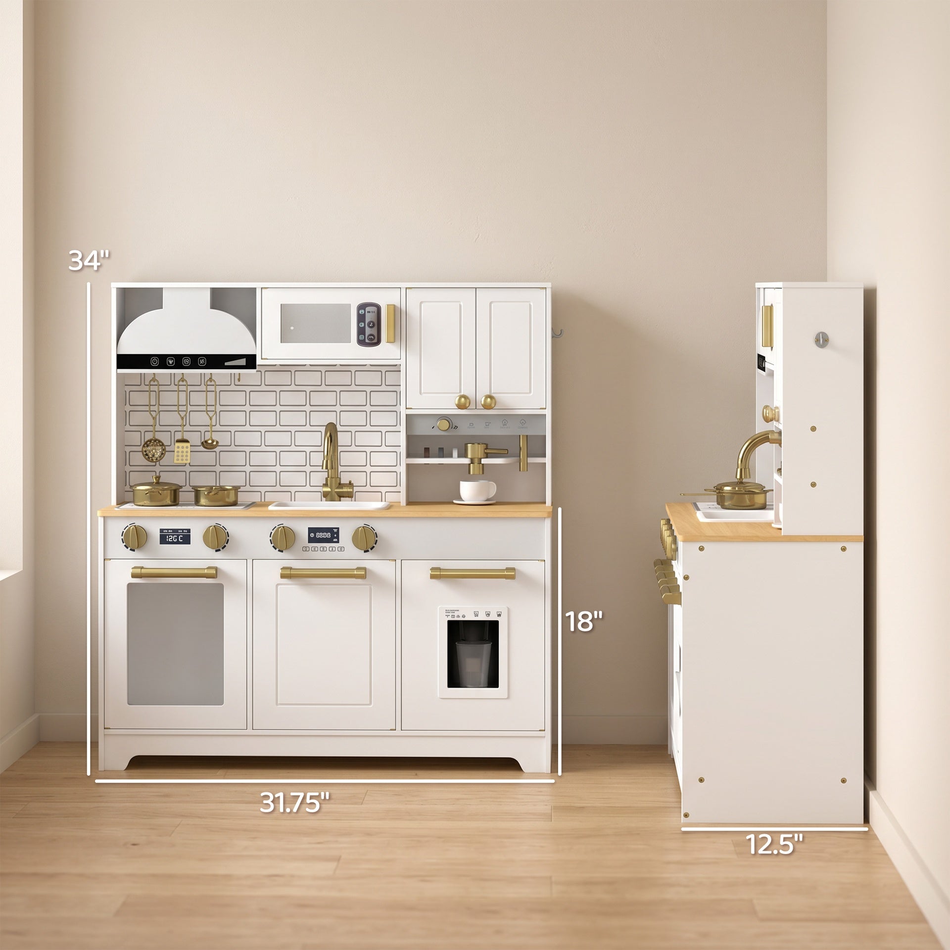 Qaba Play Kitchen, Kids Kitchen Playset with Coffee Maker, Ice Maker, Clicking Knobs, Storage, Accessories for 3-8 Years