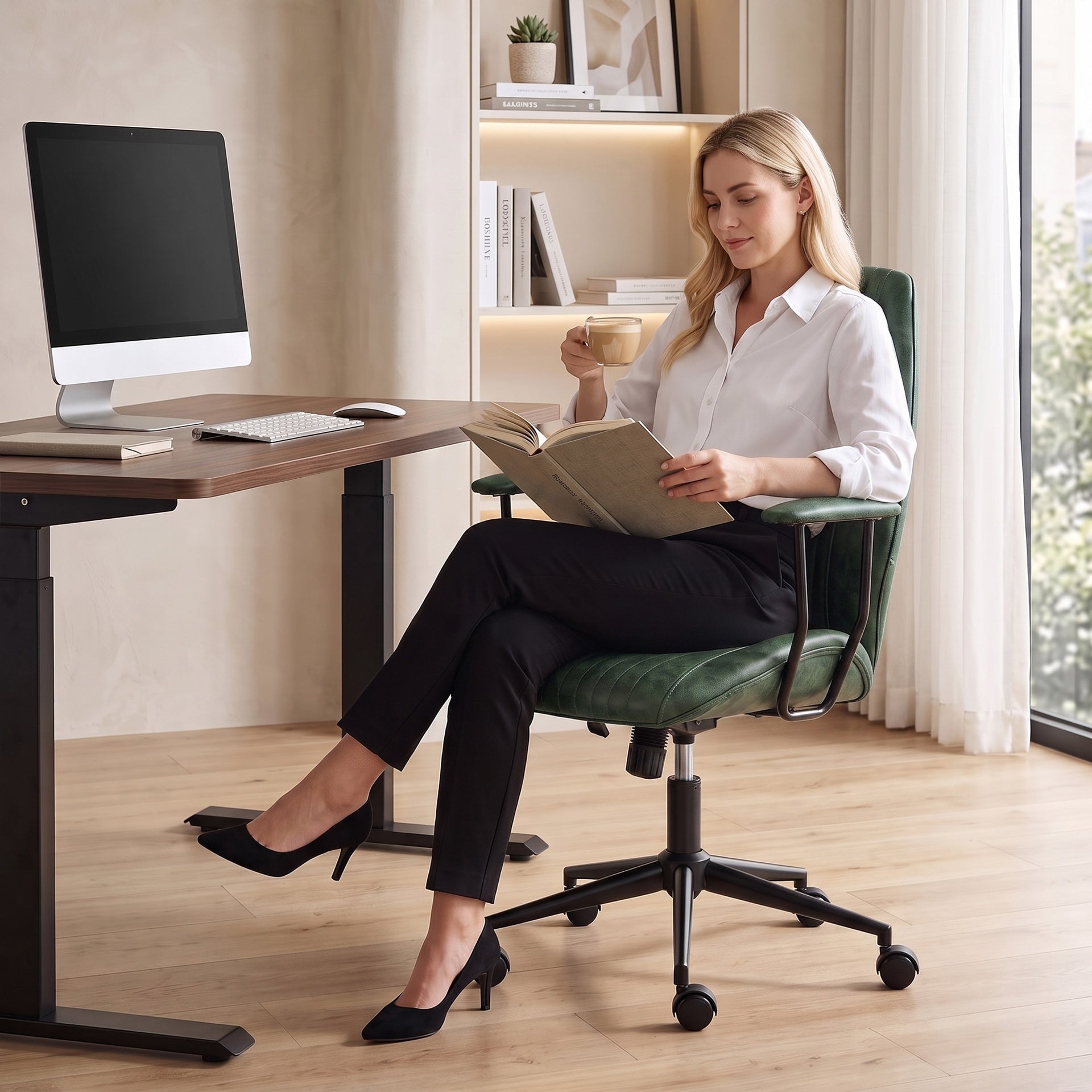 HOMCOM Leather Home Office Desk Chair, Vintage Computer Chair with Padded Arms, 360° Swivel, Adjustable Height, Tilt, Green