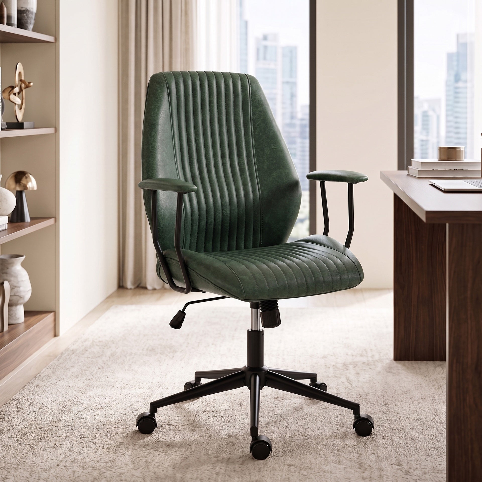HOMCOM Leather Home Office Desk Chair, Vintage Computer Chair with Padded Arms, 360° Swivel, Adjustable Height, Tilt, Green