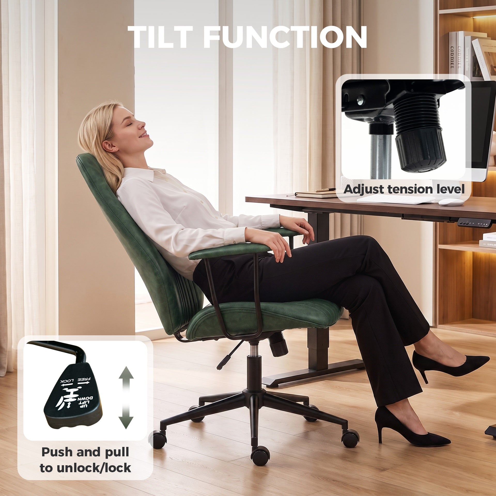 HOMCOM Leather Home Office Desk Chair, Vintage Computer Chair with Padded Arms, 360° Swivel, Adjustable Height, Tilt, Green