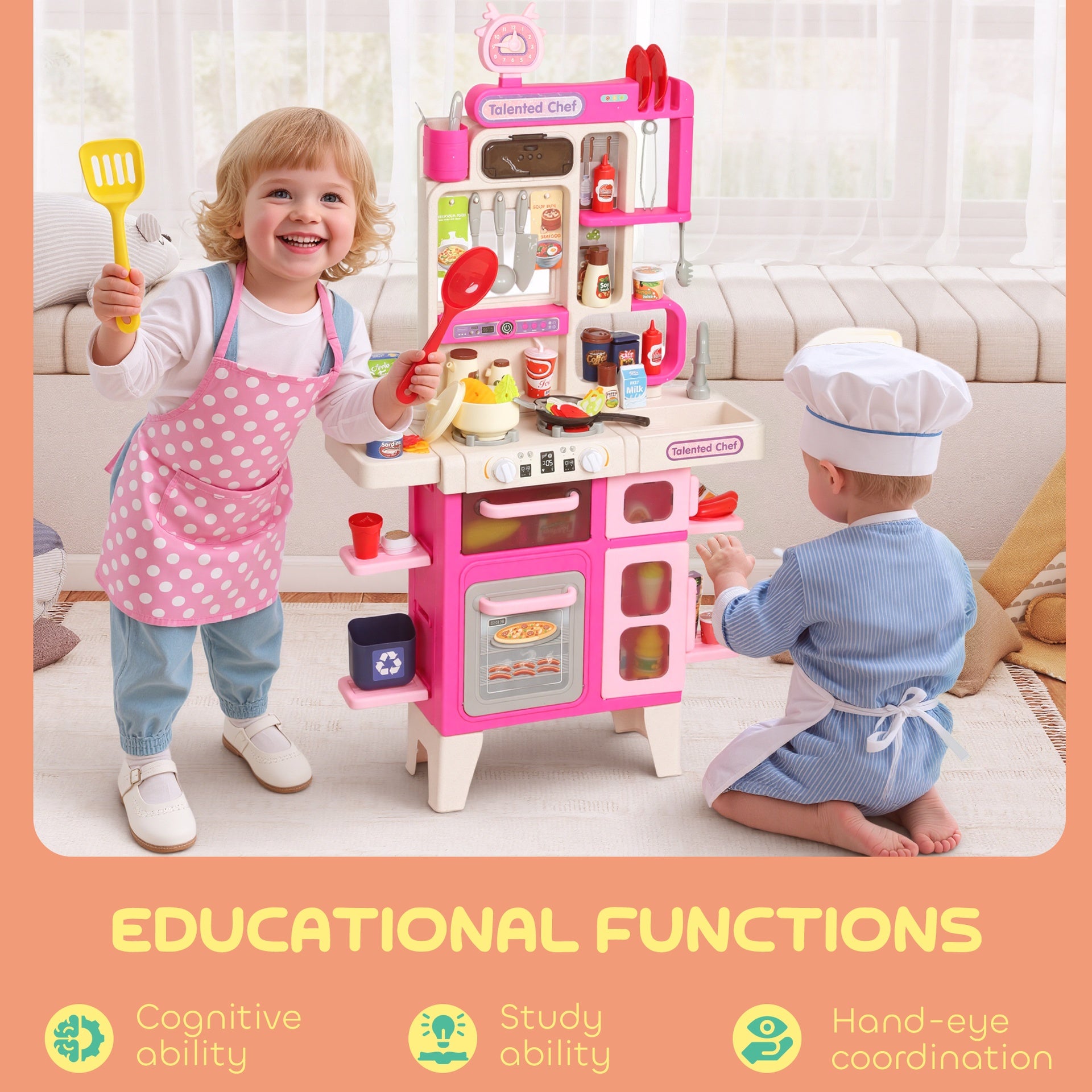 Qaba Pretend Play Kitchen Set with Realistic Lights & Sounds, 104PCS Toy Kitchen Accessories for Boys and Girls, Pink