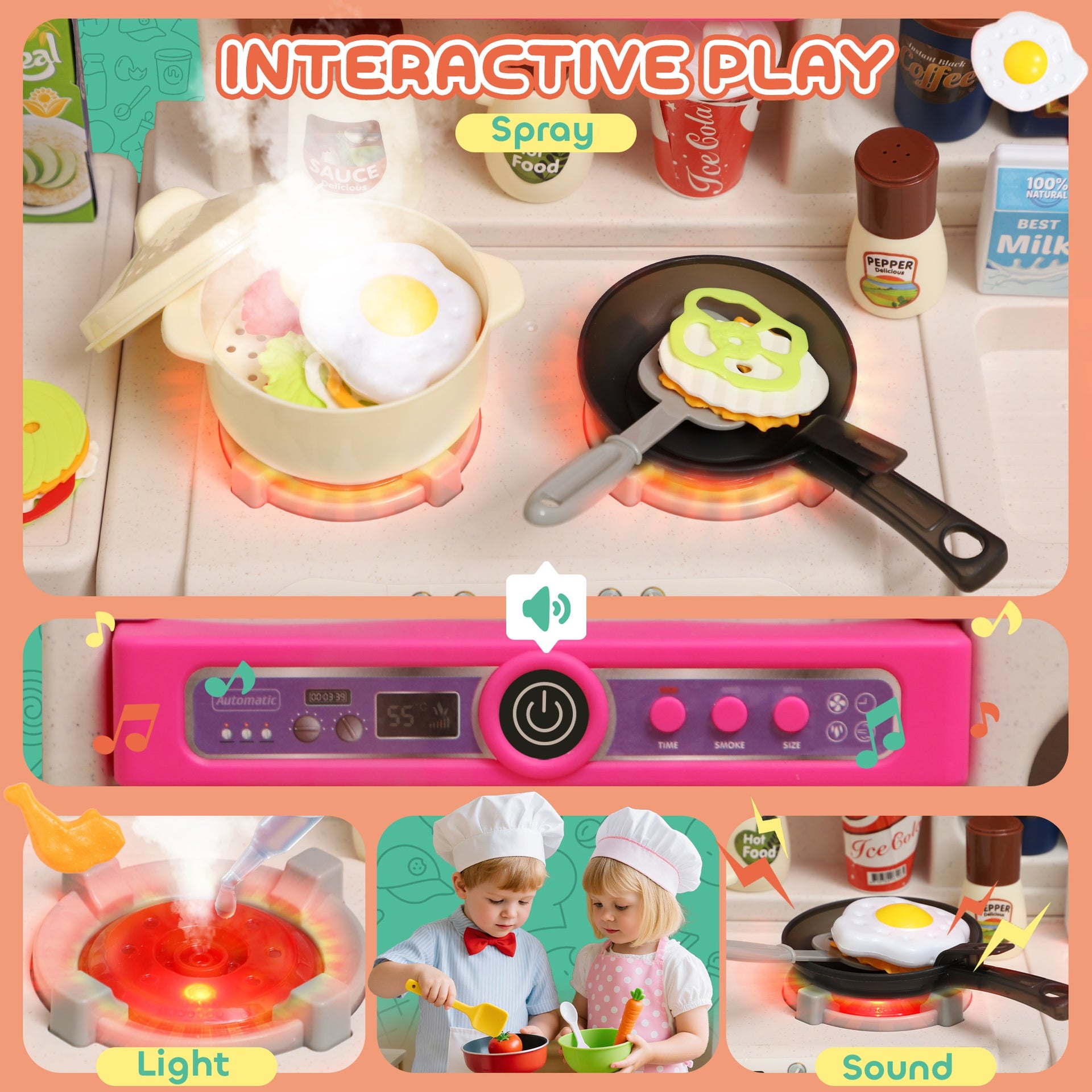 Qaba Pretend Play Kitchen Set with Realistic Lights & Sounds, 104PCS Toy Kitchen Accessories for Boys and Girls, Pink