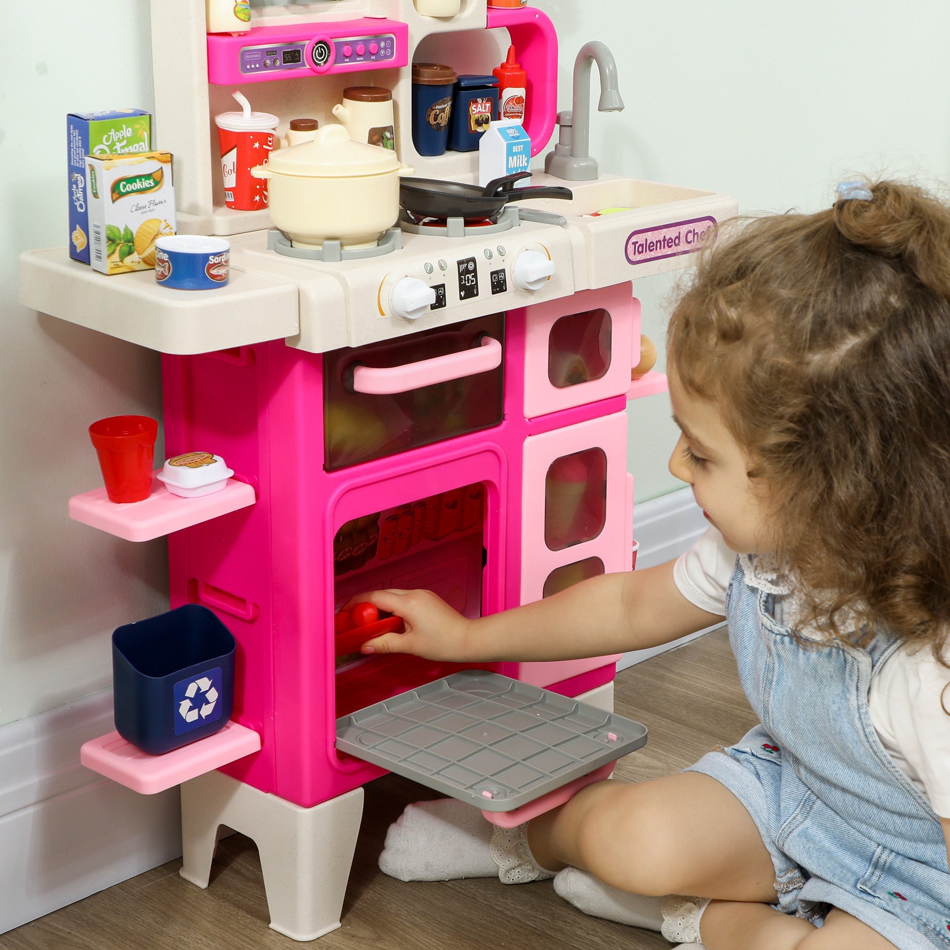 Qaba Pretend Play Kitchen Set with Realistic Lights & Sounds, 104PCS Toy Kitchen Accessories for Boys and Girls, Pink
