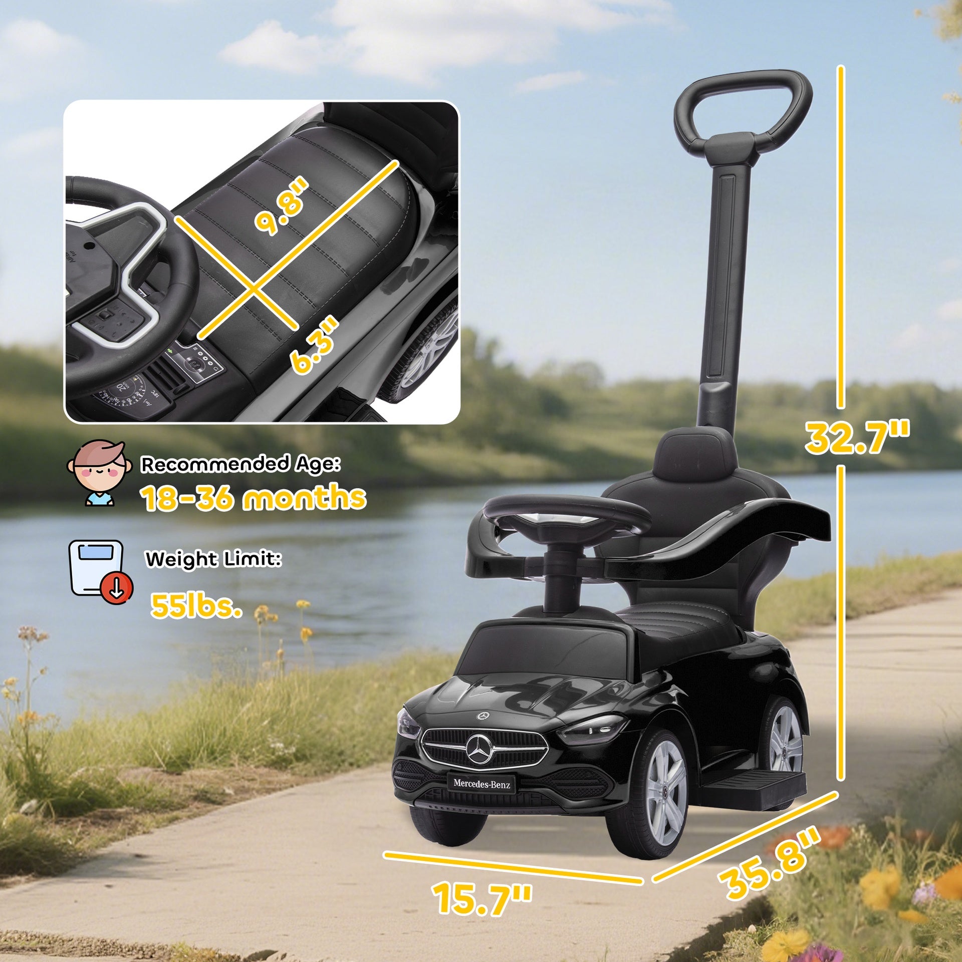 Qaba Mercedes-Benz C-Class Licensed Ride-On Push Car, Baby Stroller Walking Car with Parent Control Handle, Horn, Black