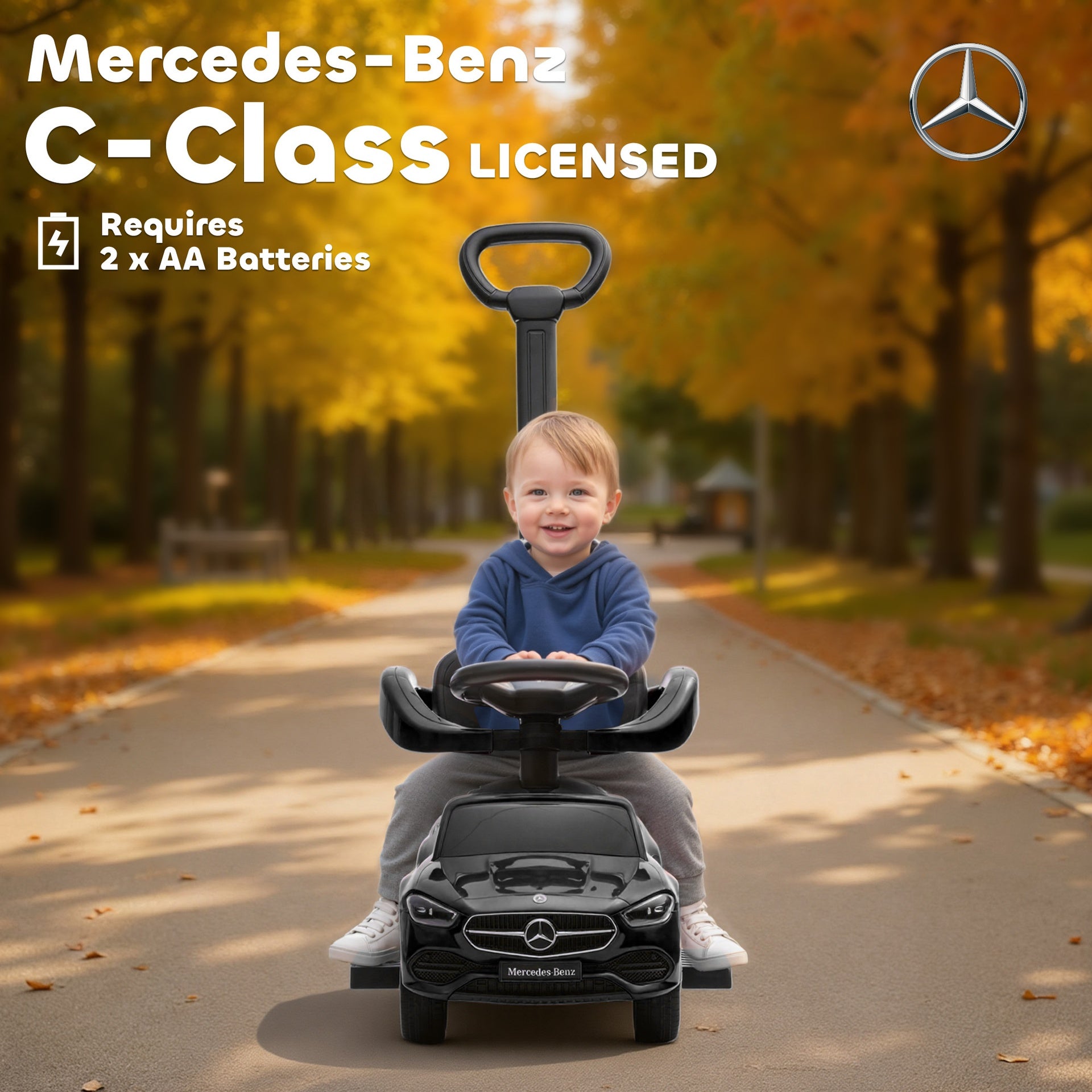 Qaba Mercedes-Benz C-Class Licensed Ride-On Push Car, Baby Stroller Walking Car with Parent Control Handle, Horn, Black