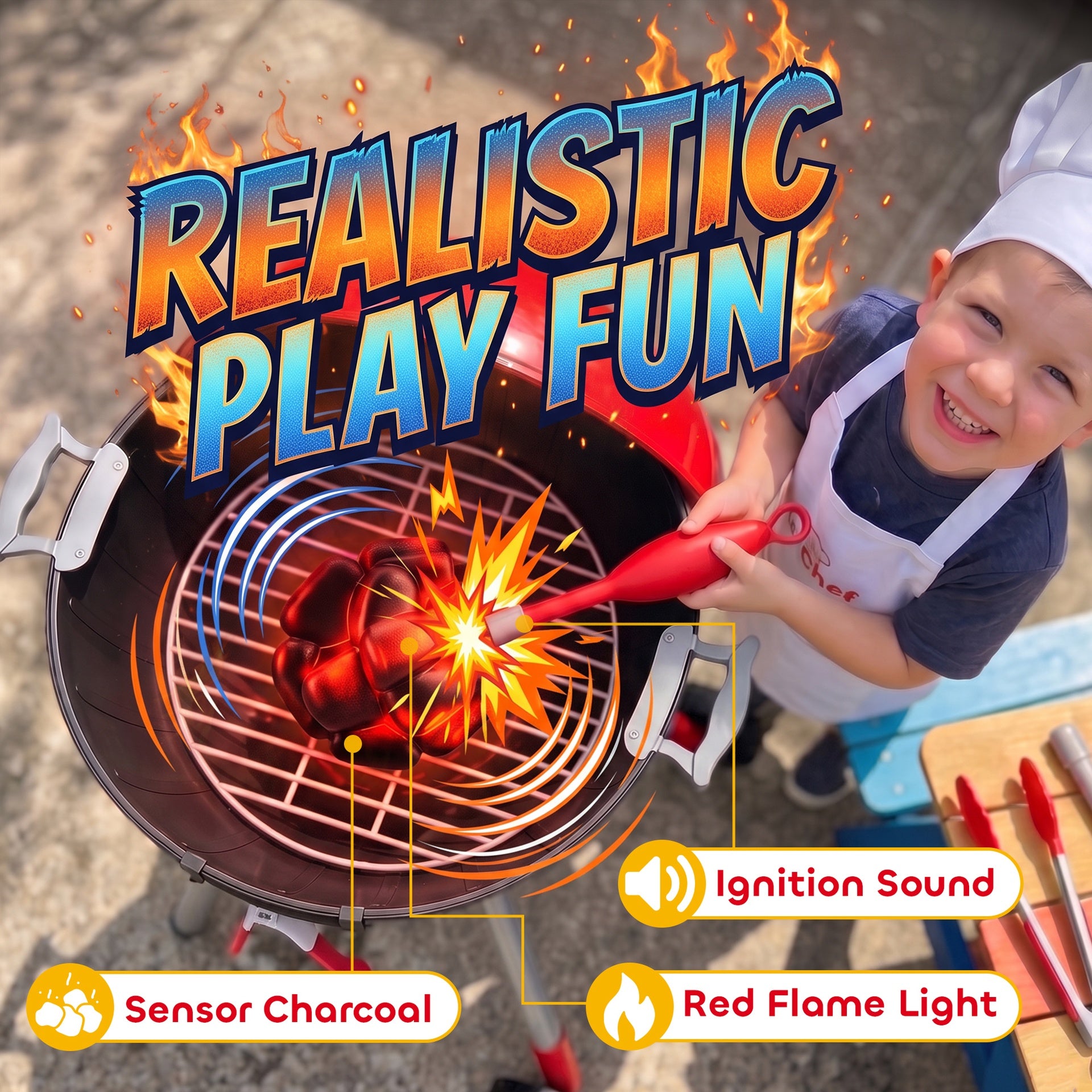Qaba Kids Kitchen Playset with Sounds, Lights & Realistic Charcoal Effect, 40PCS Pretend BBQ Grill Playset for 3-6 Y, Red