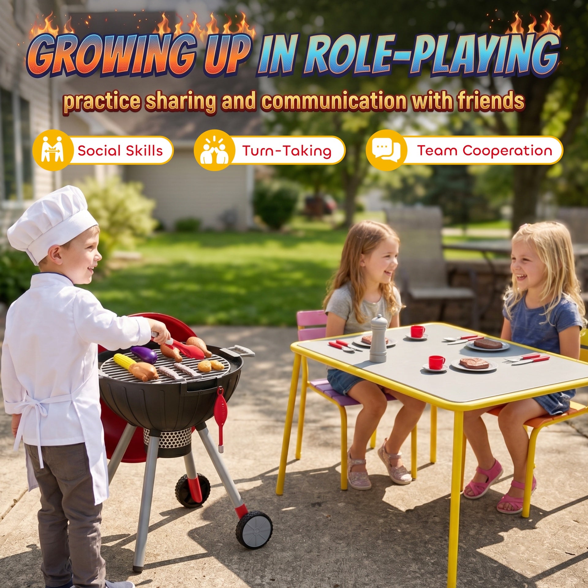 Qaba Kids Kitchen Playset with Sounds, Lights & Realistic Charcoal Effect, 40PCS Pretend BBQ Grill Playset for 3-6 Y, Red