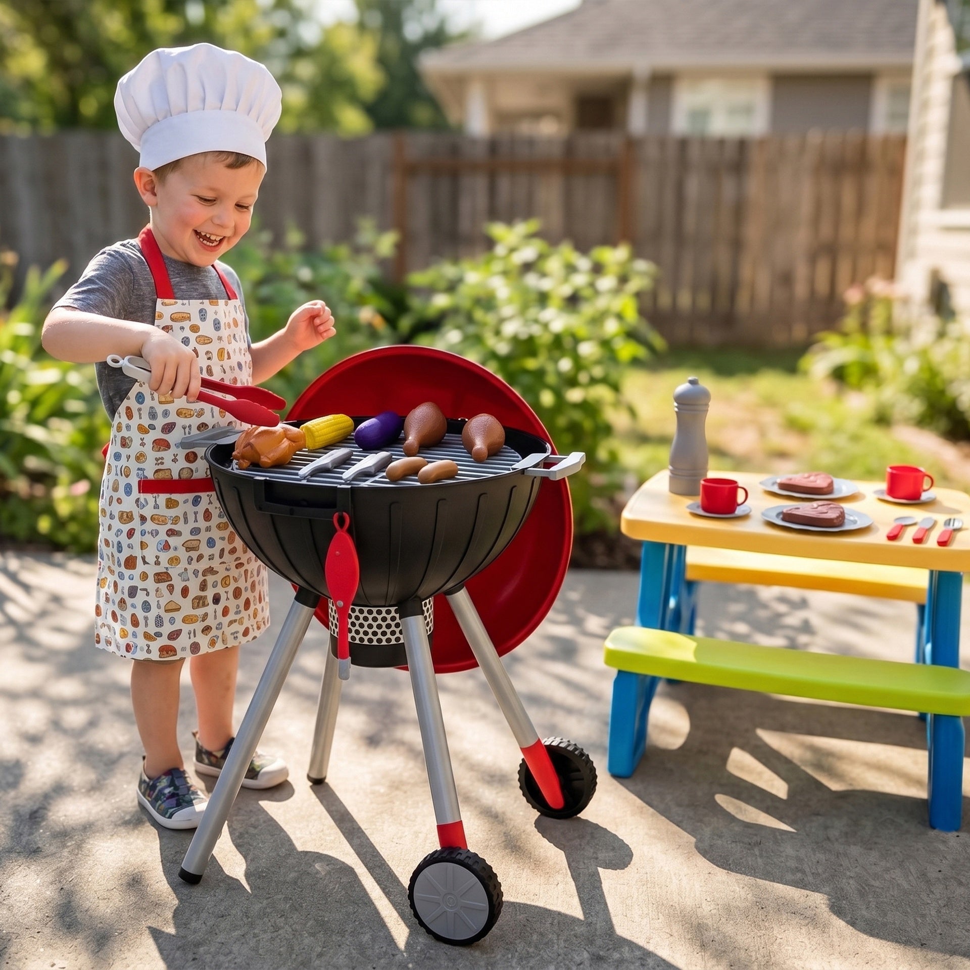 Qaba Kids Kitchen Playset with Sounds, Lights & Realistic Charcoal Effect, 40PCS Pretend BBQ Grill Playset for 3-6 Y, Red