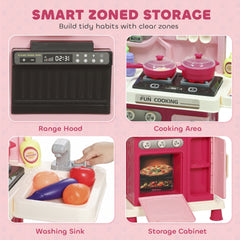 Qaba Kids Kitchen Playset, Play Kitchen with Lights, Sounds, Circulating Water Sink, Storage, 33 PCS for 3-6 Years, Pink