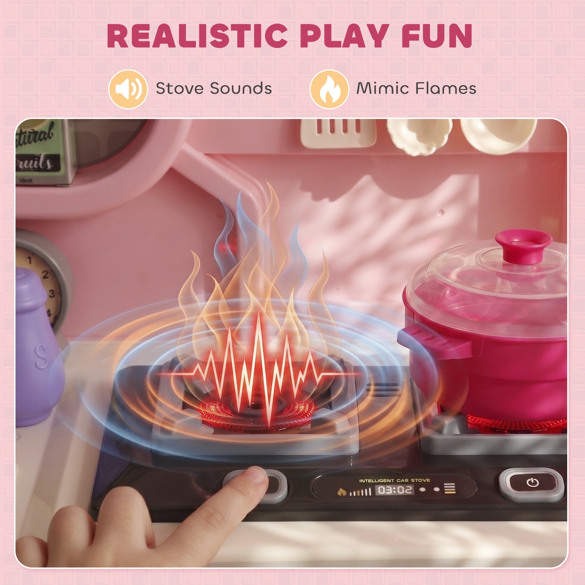 Qaba Kids Kitchen Playset, Play Kitchen with Lights, Sounds, Circulating Water Sink, Storage, 33 PCS for 3-6 Years, Pink