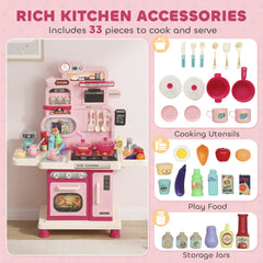 Qaba Kids Kitchen Playset, Play Kitchen with Lights, Sounds, Circulating Water Sink, Storage, 33 PCS for 3-6 Years, Pink