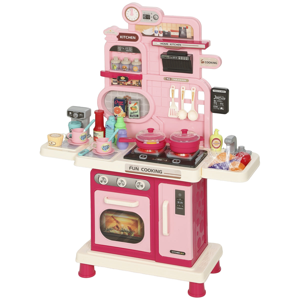 Qaba Kids Kitchen Playset, Play Kitchen with Lights, Sounds, Circulating Water Sink, Storage, 33 PCS for 3-6 Years, Pink