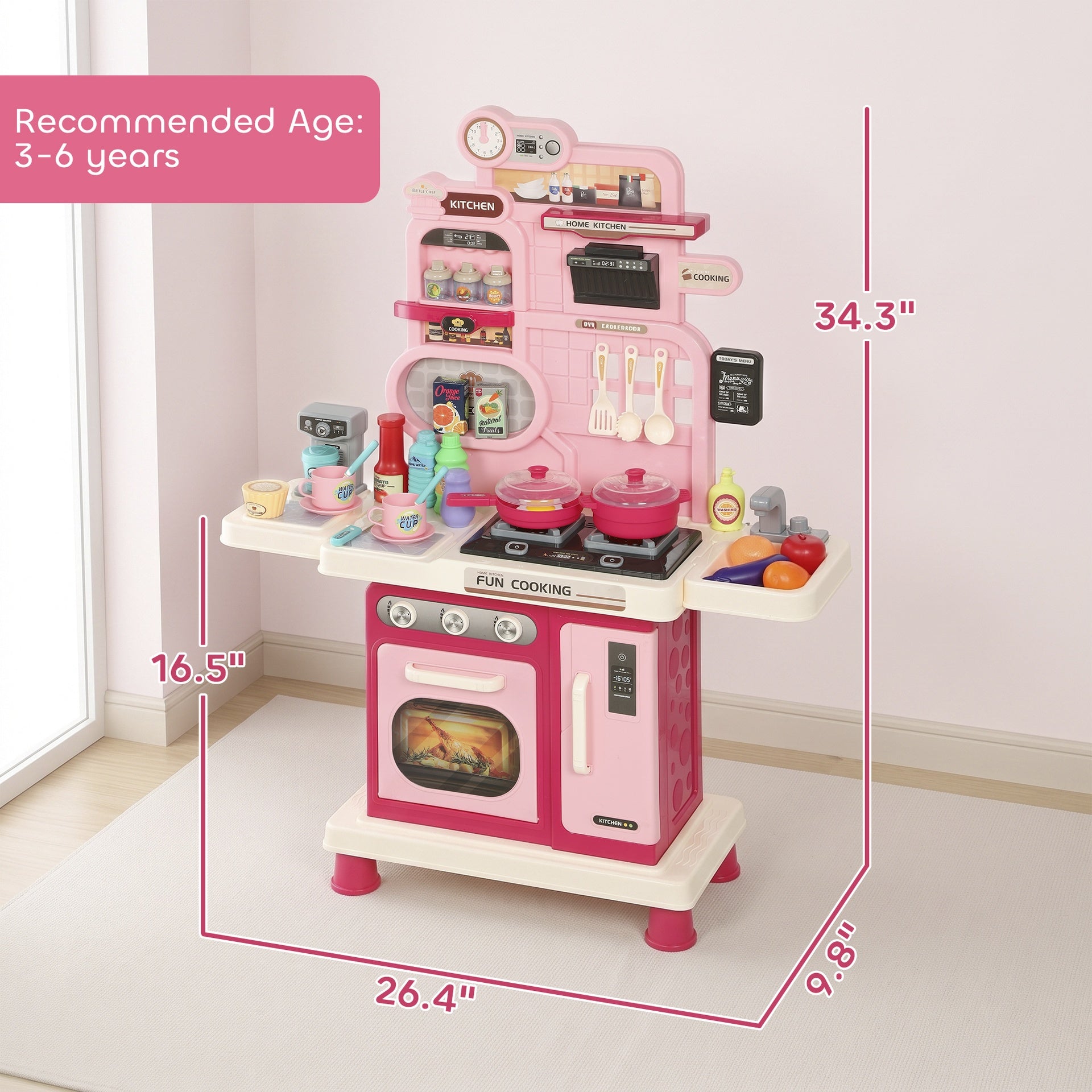 Qaba Kids Kitchen Playset, Play Kitchen with Lights, Sounds, Circulating Water Sink, Storage, 33 PCS for 3-6 Years, Pink