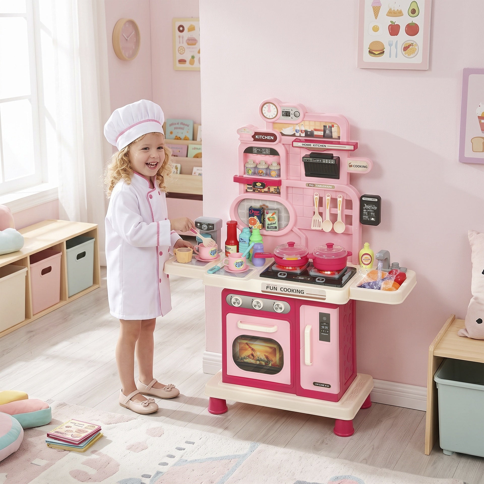 Qaba Kids Kitchen Playset, Play Kitchen with Lights, Sounds, Circulating Water Sink, Storage, 33 PCS for 3-6 Years, Pink