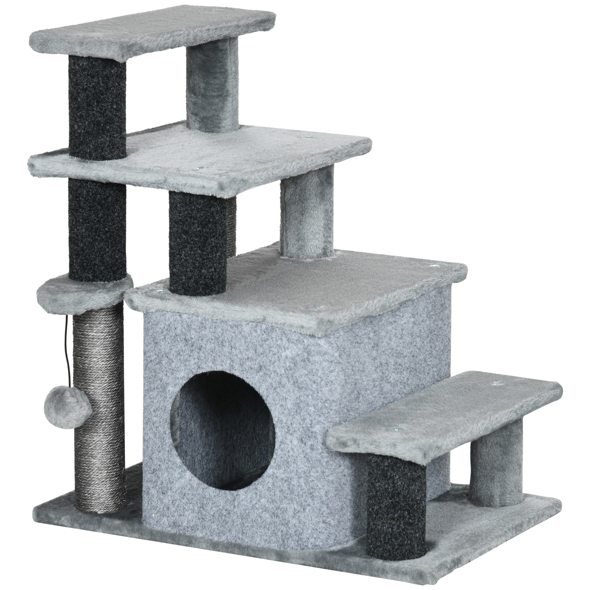 PawHut Adjustable Height 3 Step/4 Step Cat Stairs w/ Sisal Cat Scratching Post, Cat Condo, Toy Ball, for Bed, Sofa, Couch, Gray