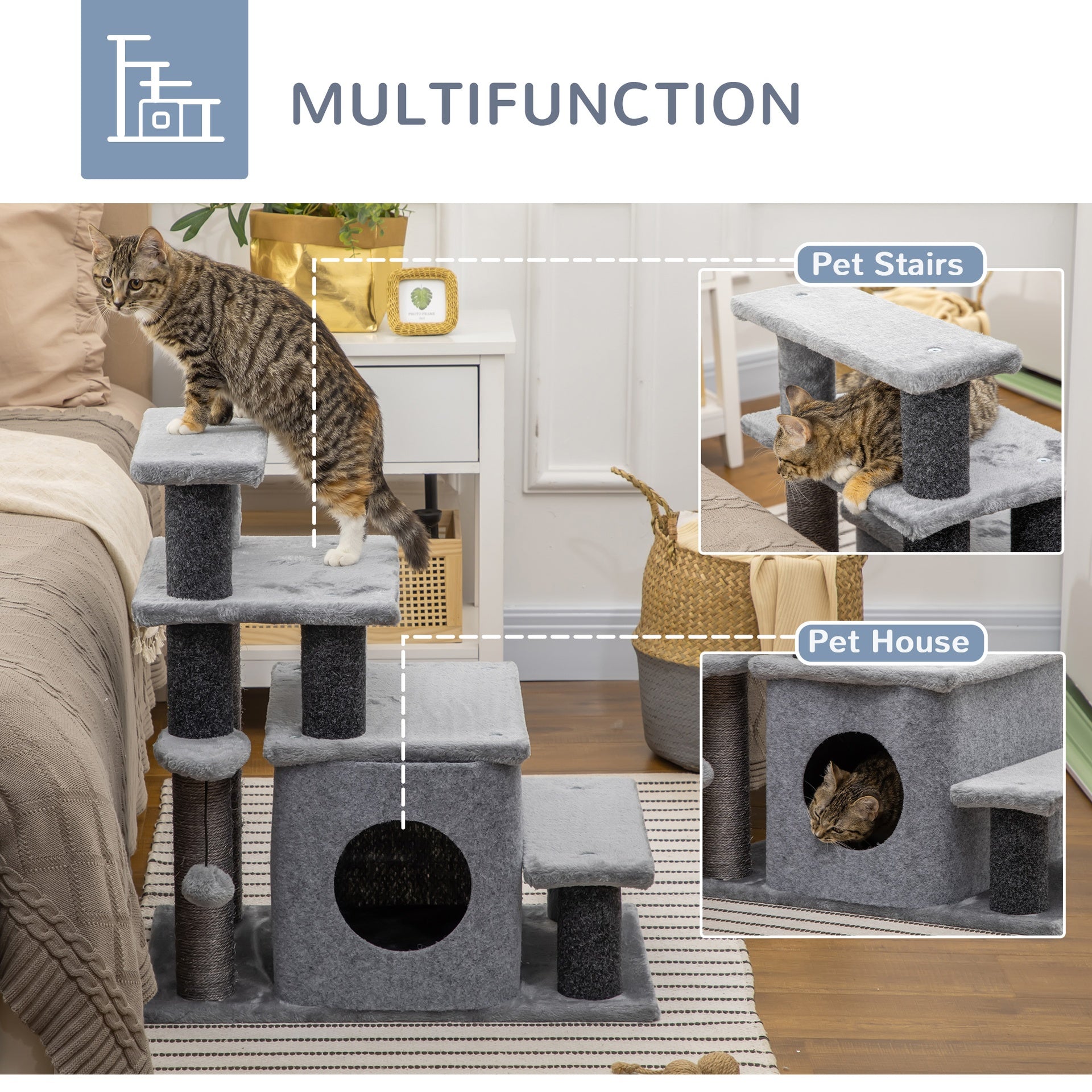 PawHut Adjustable Height 3 Step/4 Step Cat Stairs w/ Sisal Cat Scratching Post, Cat Condo, Toy Ball, for Bed, Sofa, Couch, Gray