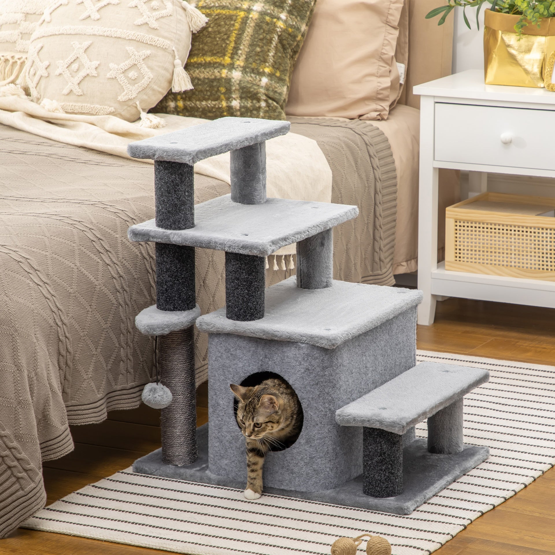 PawHut Adjustable Height 3 Step/4 Step Cat Stairs w/ Sisal Cat Scratching Post, Cat Condo, Toy Ball, for Bed, Sofa, Couch, Gray
