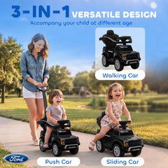 Qaba 3 In 1 Licensed Ford Kids Push Car with Push Handle, Horn, Sound, Secure Bar, Storage, for Toddlers 18-36 Months, Black