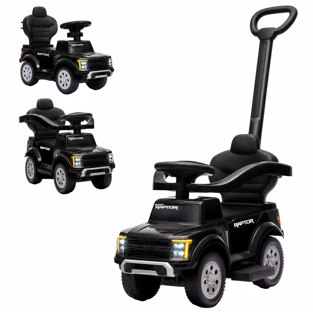 Qaba 3 In 1 Licensed Ford Kids Push Car with Push Handle, Horn, Sound, Secure Bar, Storage, for Toddlers 18-36 Months, Black