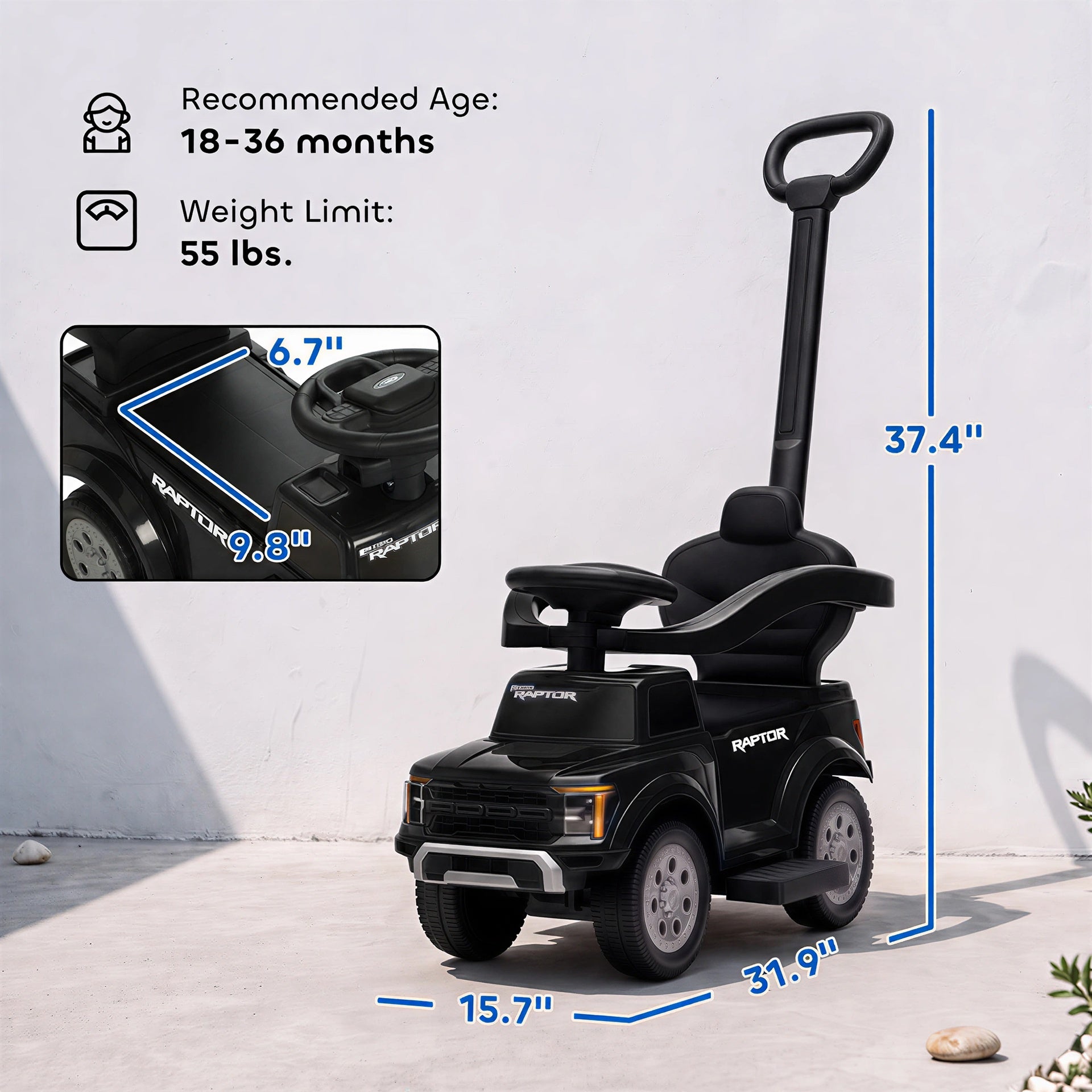 Qaba 3 In 1 Licensed Ford Kids Push Car with Push Handle, Horn, Sound, Secure Bar, Storage, for Toddlers 18-36 Months, Black