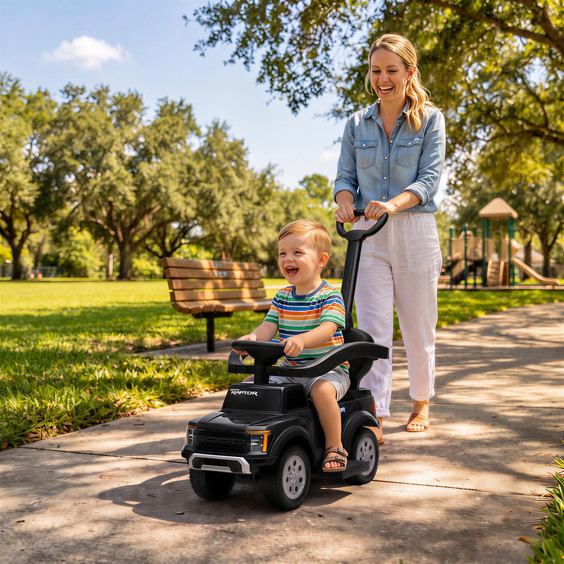 Qaba 3 In 1 Licensed Ford Kids Push Car with Push Handle, Horn, Sound, Secure Bar, Storage, for Toddlers 18-36 Months, Black