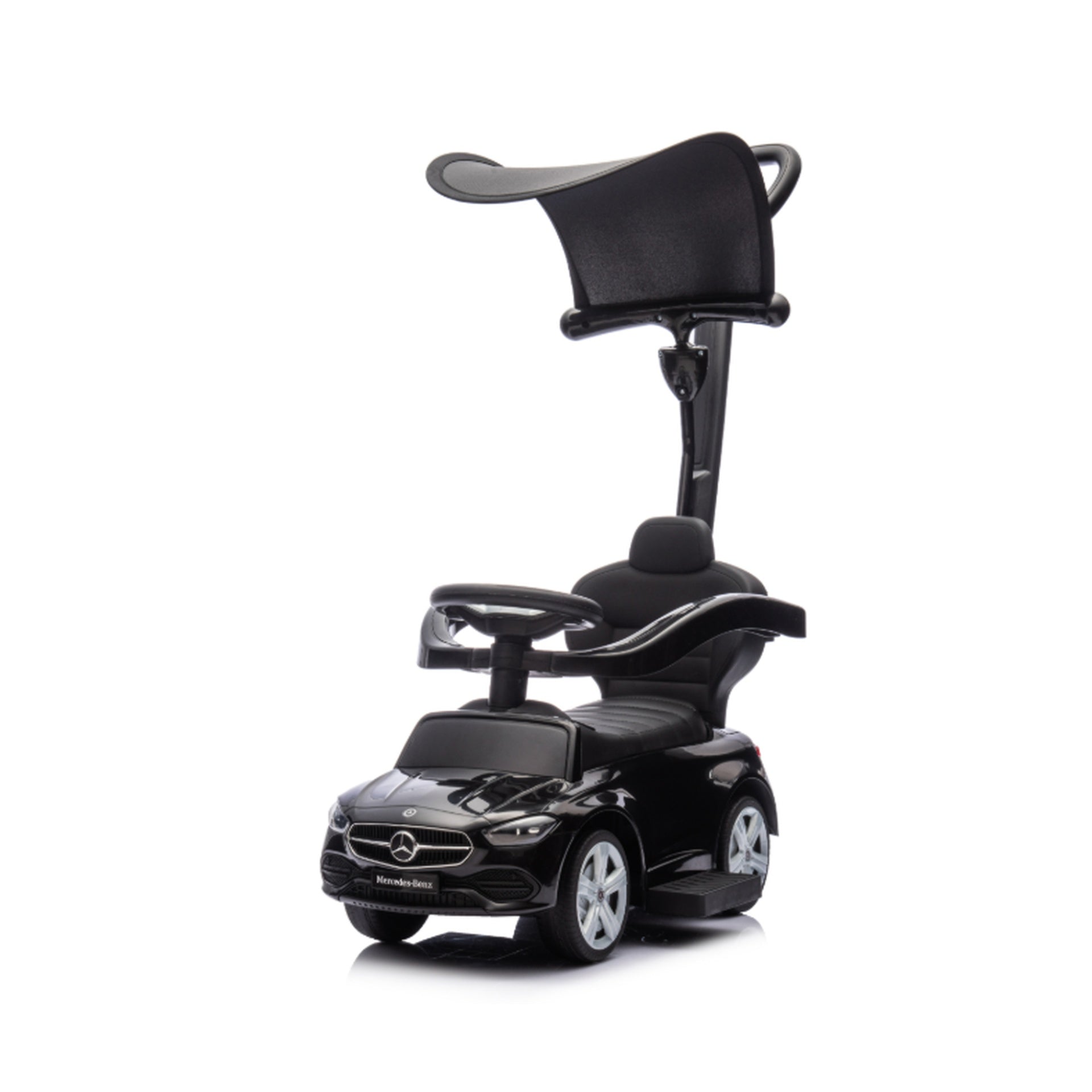 Qaba 3 in 1 Toddler Push Car Licensed Benz with Push Handle, Guardrails, Canopy, Horn, Music, Storage for 18-36 Months, Black