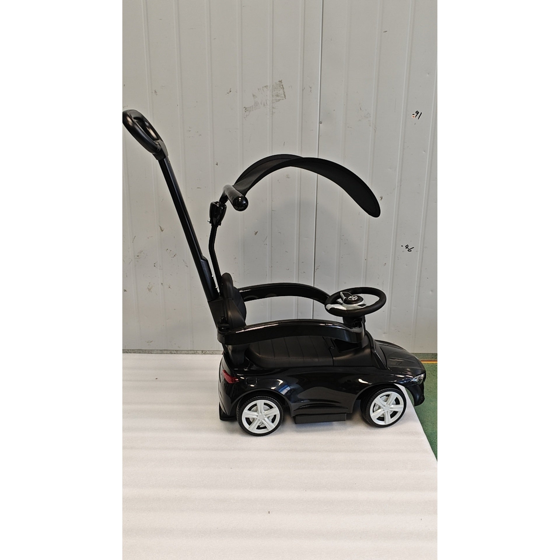 Qaba 3 in 1 Toddler Push Car Licensed Benz with Push Handle, Guardrails, Canopy, Horn, Music, Storage for 18-36 Months, Black