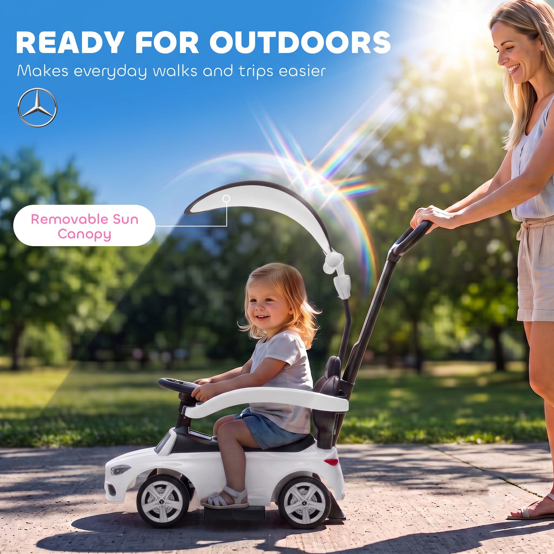 Qaba 3 in 1 Toddler Push Car Licensed Benz with Push Handle, Guardrails, Canopy, Horn, Music, Storage for 18-36 Months, White