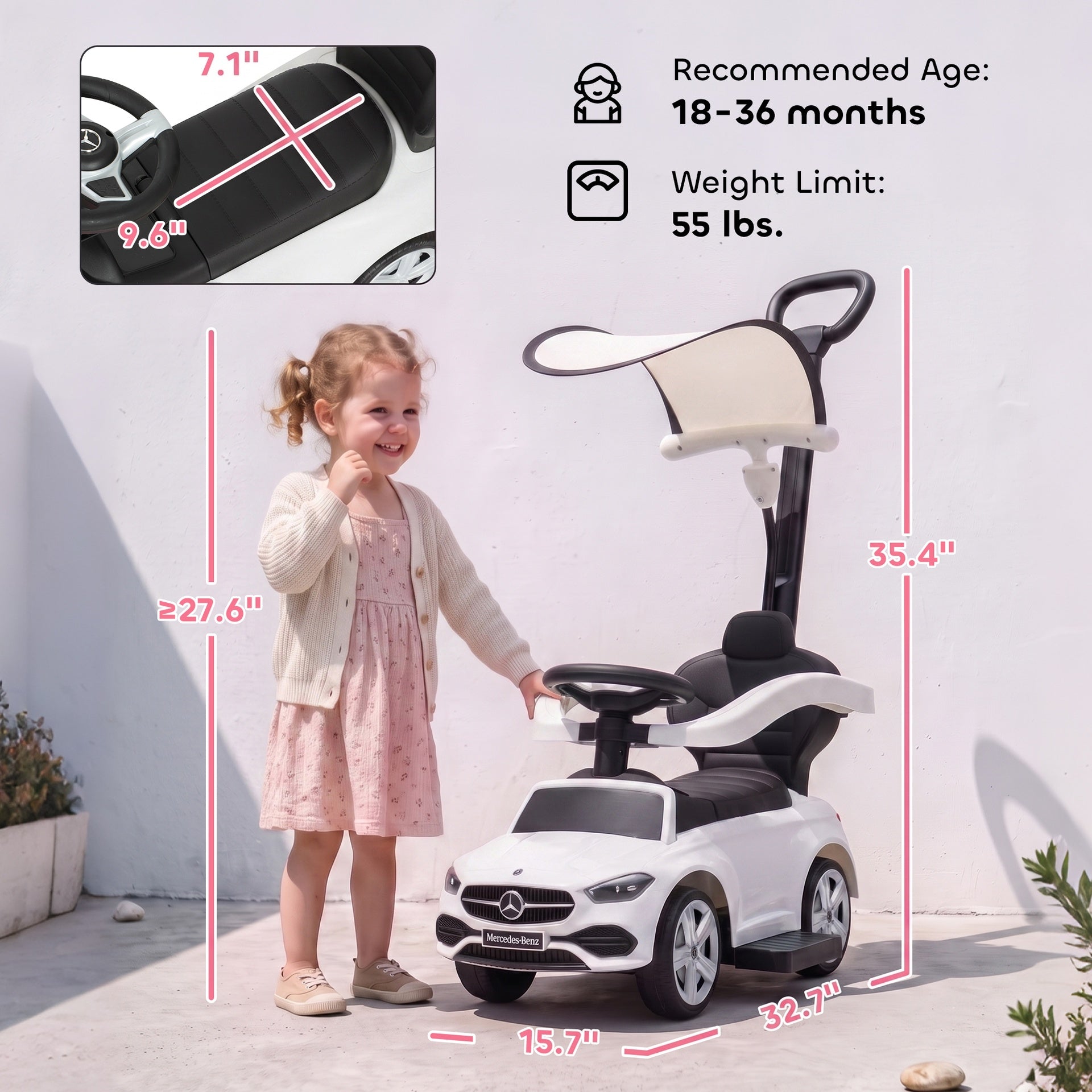 Qaba 3 in 1 Toddler Push Car Licensed Benz with Push Handle, Guardrails, Canopy, Horn, Music, Storage for 18-36 Months, White