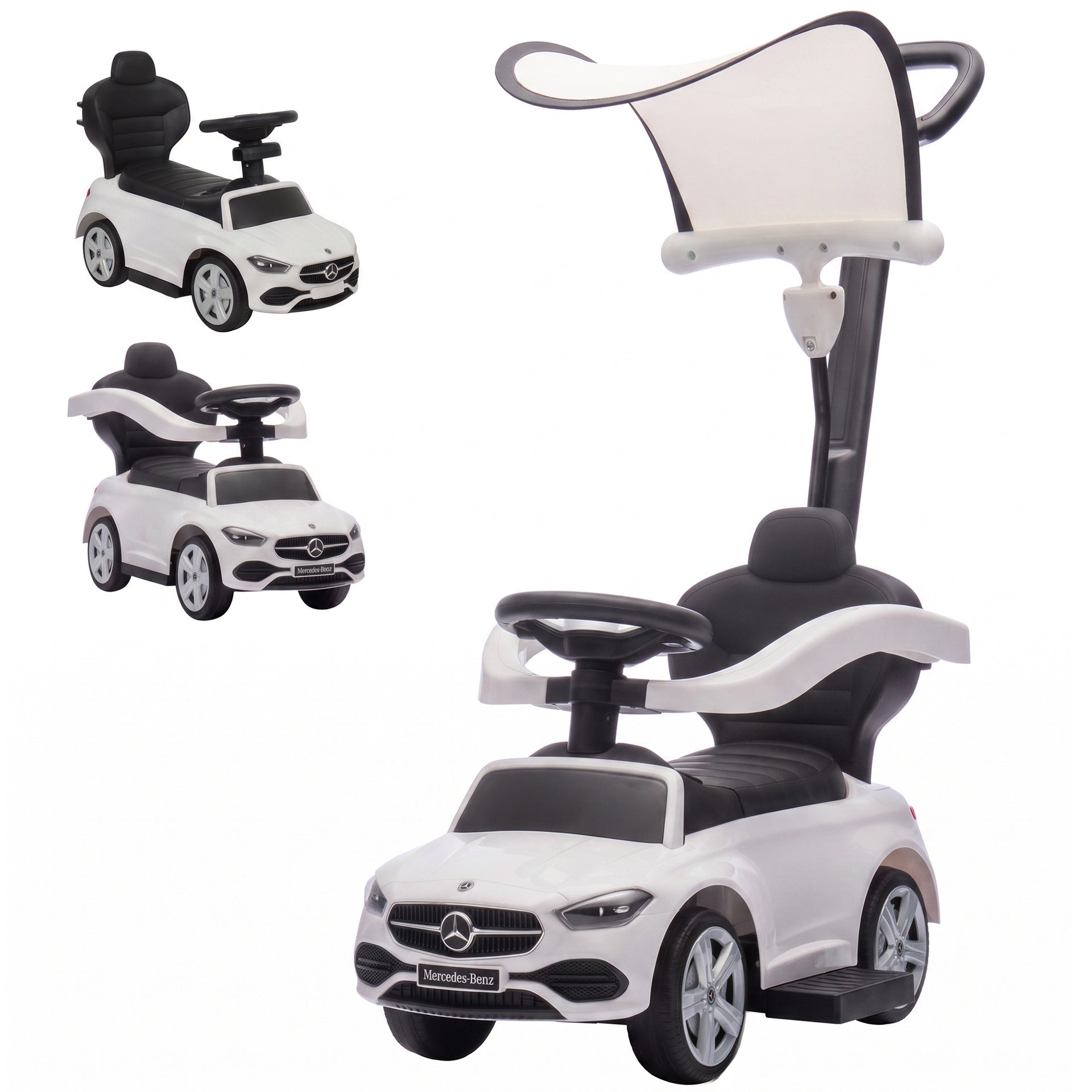 Qaba 3 in 1 Toddler Push Car Licensed Benz with Push Handle, Guardrails, Canopy, Horn, Music, Storage for 18-36 Months, White
