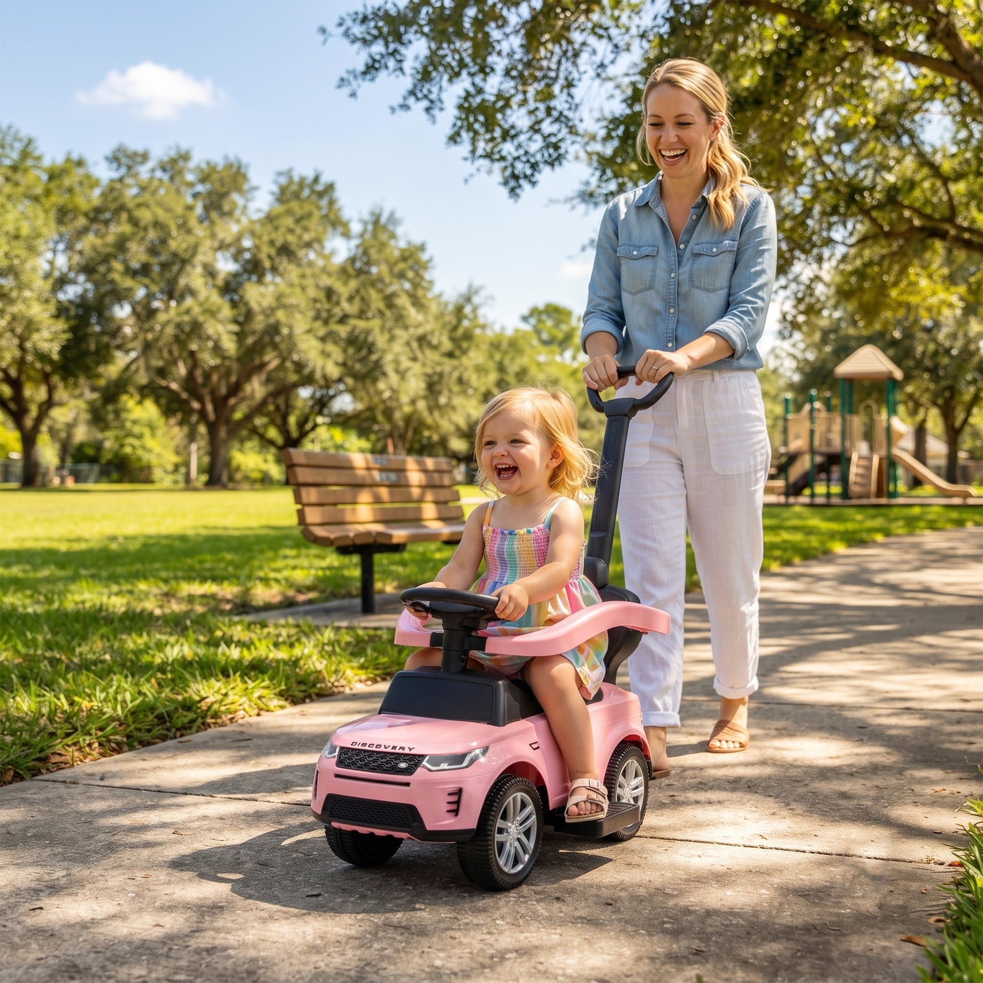 Qaba Land Rover Discovery Licensed Baby Push Car, 2-in-1 Ride on Car with Push Handle and Safety Guardrail, Pink